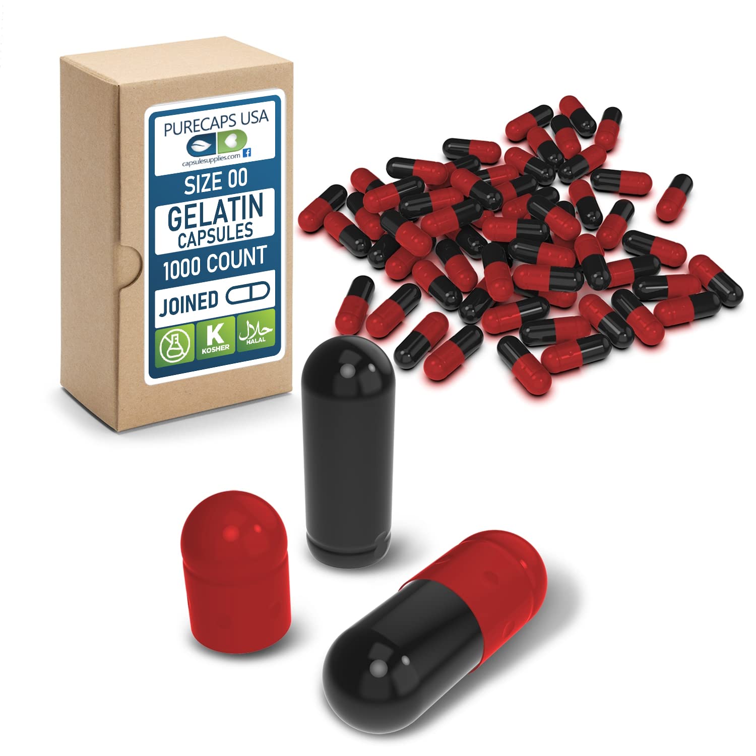 PureCaps USA - 1000 Empty Gelatin Capsules Size 00 (Black/Red) | Non-GMO Certified | SLS, Gluten & Preservative Free | Perfect for DIY Supplements, Herbal Remedies & Vitamin Filling