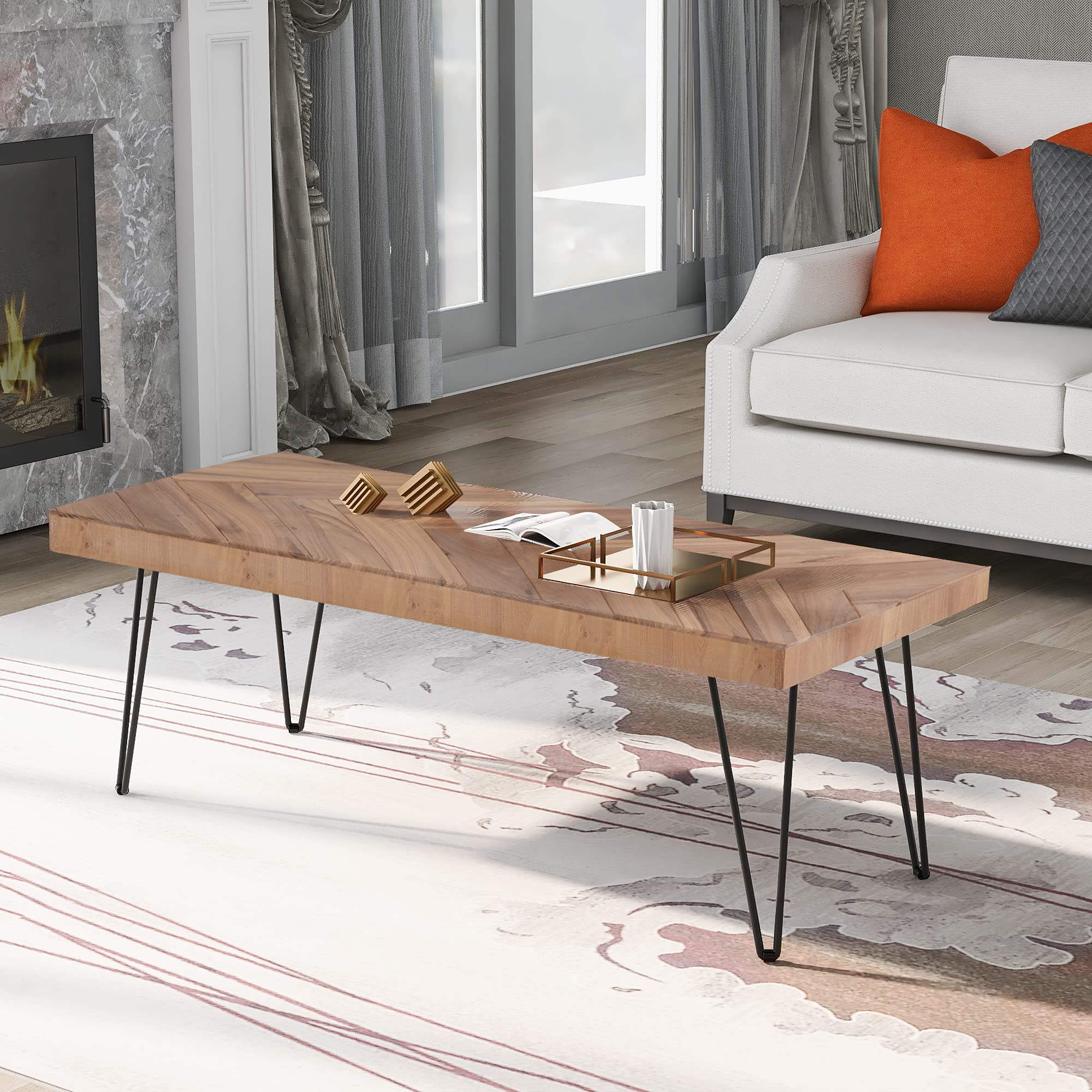 Modern Coffee Table with Metal Hairpin Legs - Wooden Accent Table for Living Room, Easy Assembly, Glossy Finish - Perfect for Home Decor, Lounge & Small Space Furniture