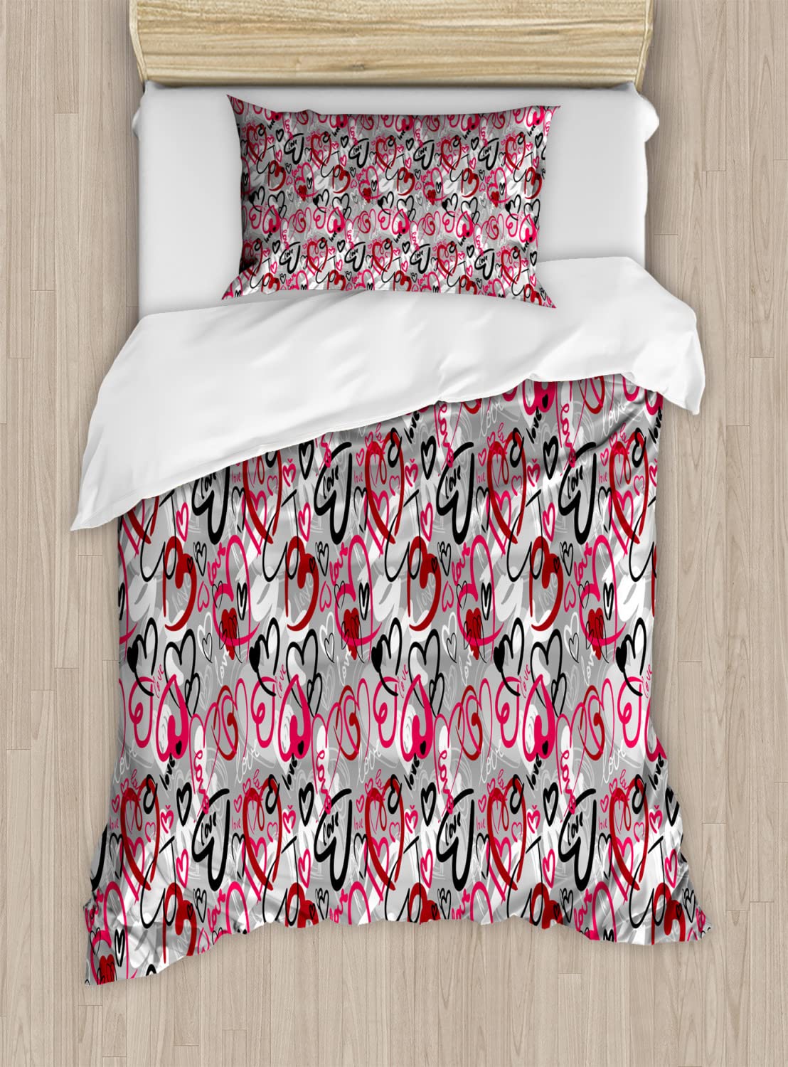 Ambesonne Romantic Love Duvet Cover Set - Hand Drawn Hearts & Love Words Design, 2-Piece Twin Size Bedding with 2 Duvet Covers & 2 Pillowcases, Multicolor - Perfect for Valentine's Day, Anniversary Gifts & Couples Bedroom Decor