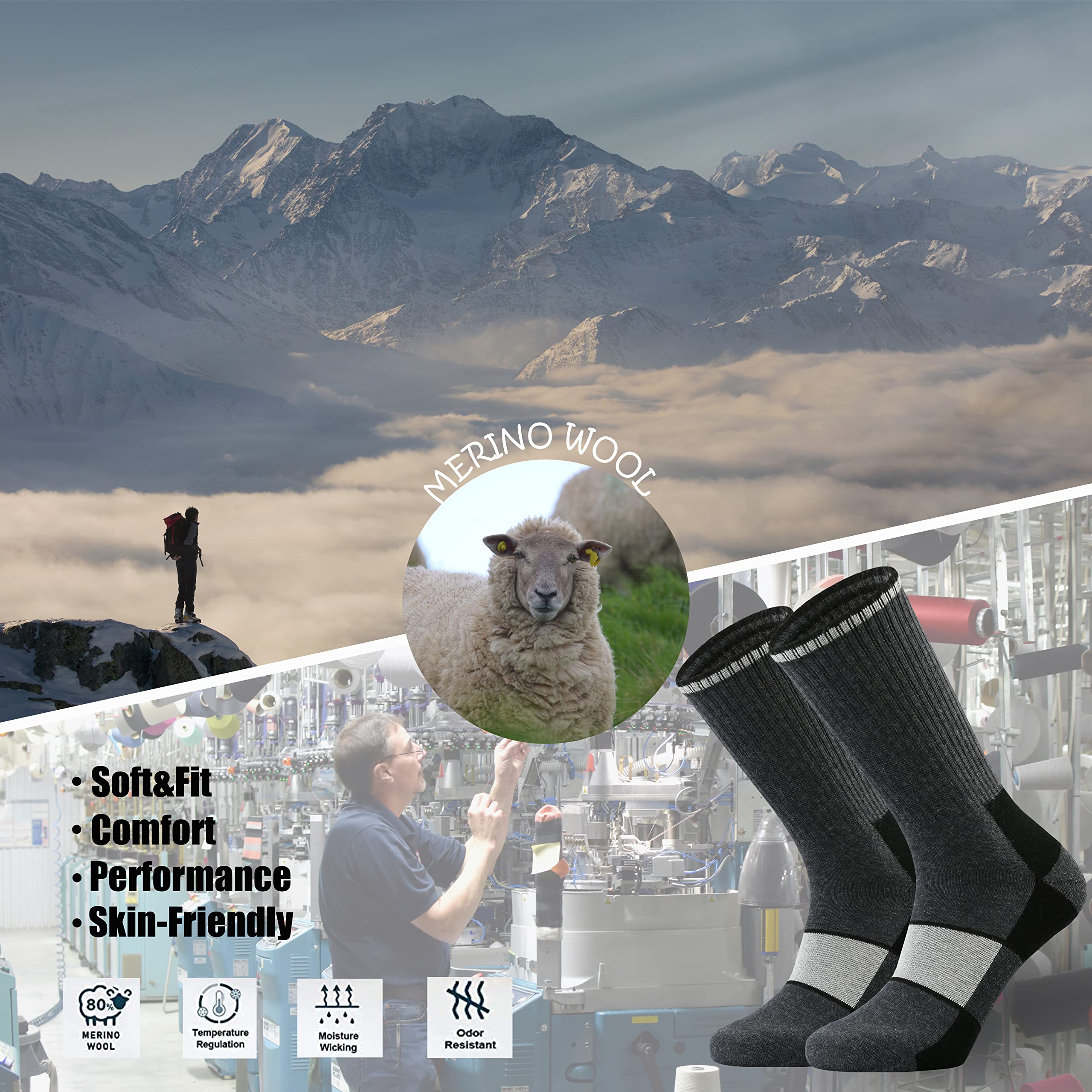 Ortis Men's Merino Wool Cushion Crew Socks - Moisture Wicking, Lightweight & Breathable for Hiking, Cycling & Outdoor Activities - Perfect for Trail Running, Camping & Winter Sports