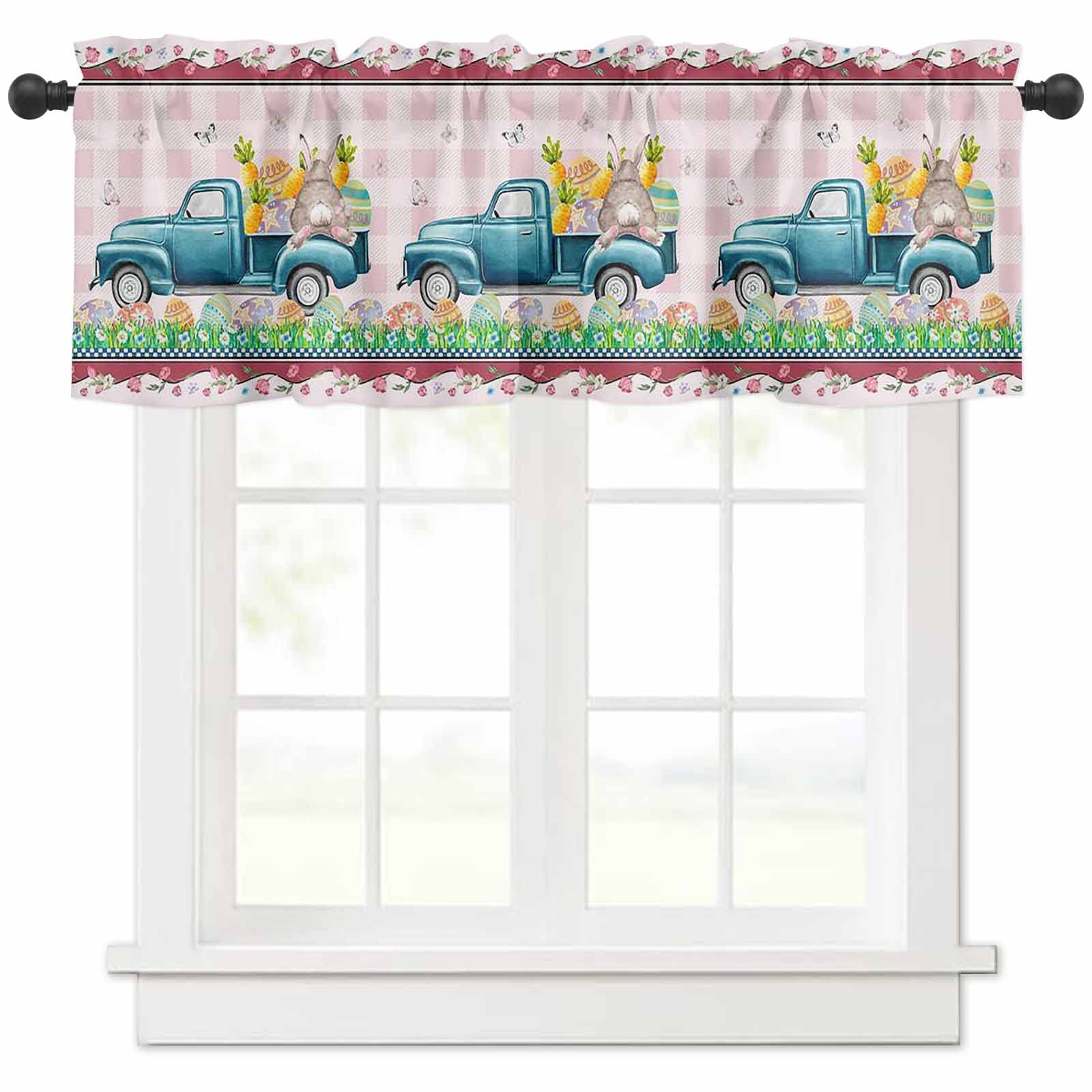 Easter Cute Rabbit Truck Window Valance - Buffalo Plaid Kitchen & Bedroom Curtain Panel - 54 x 18 Inch Washable Drapery for Small Windows & Living Room - Perfect for Spring Decor & Farmhouse Style Home