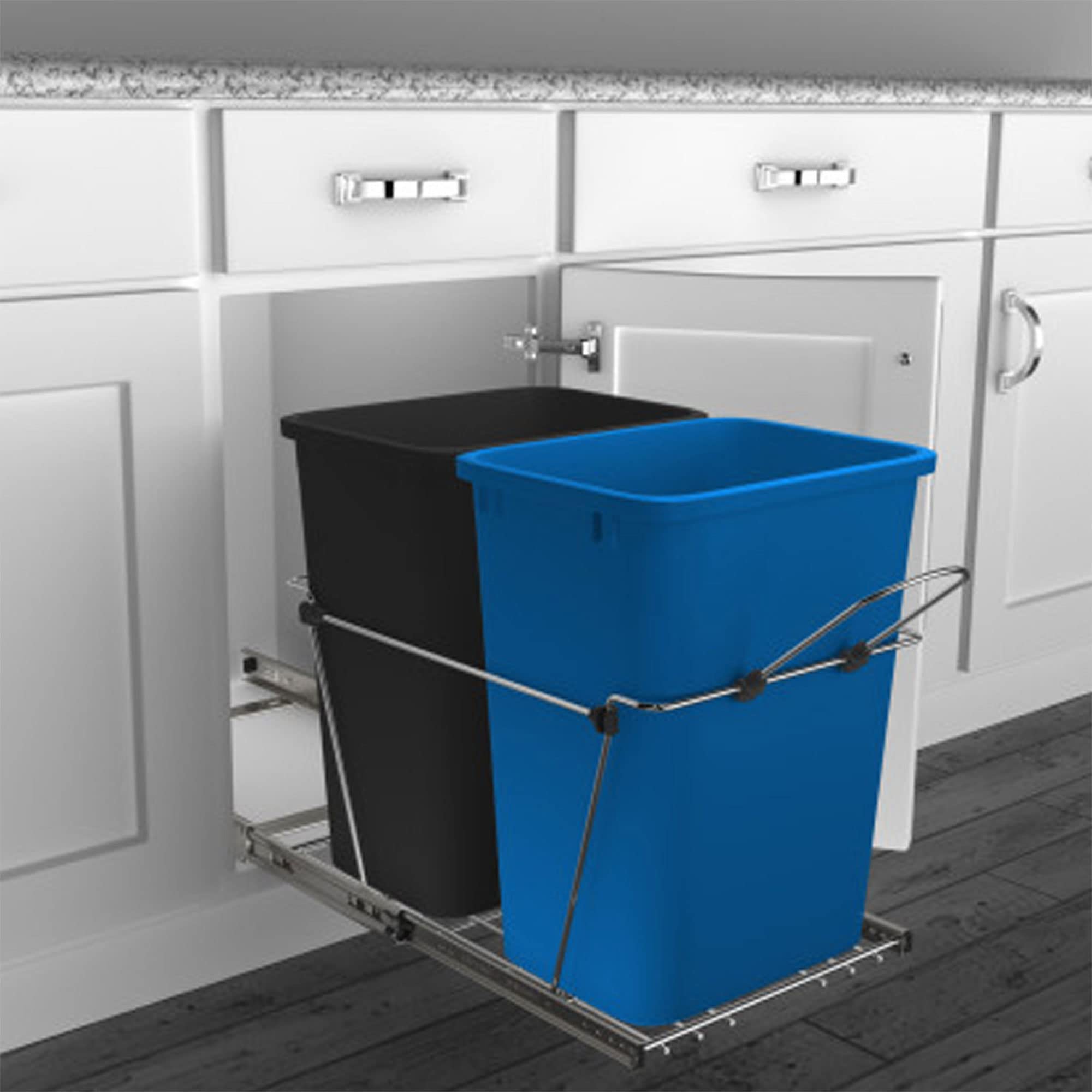 Rev-A-Shelf 35 Quart Double Pullout Trash Can for Kitchen Cabinets - Blue/Black Garbage Recycling Bin with Full Extension Slides (RV-18KD-2218C-S) - Perfect for Kitchen Organization & Waste Management