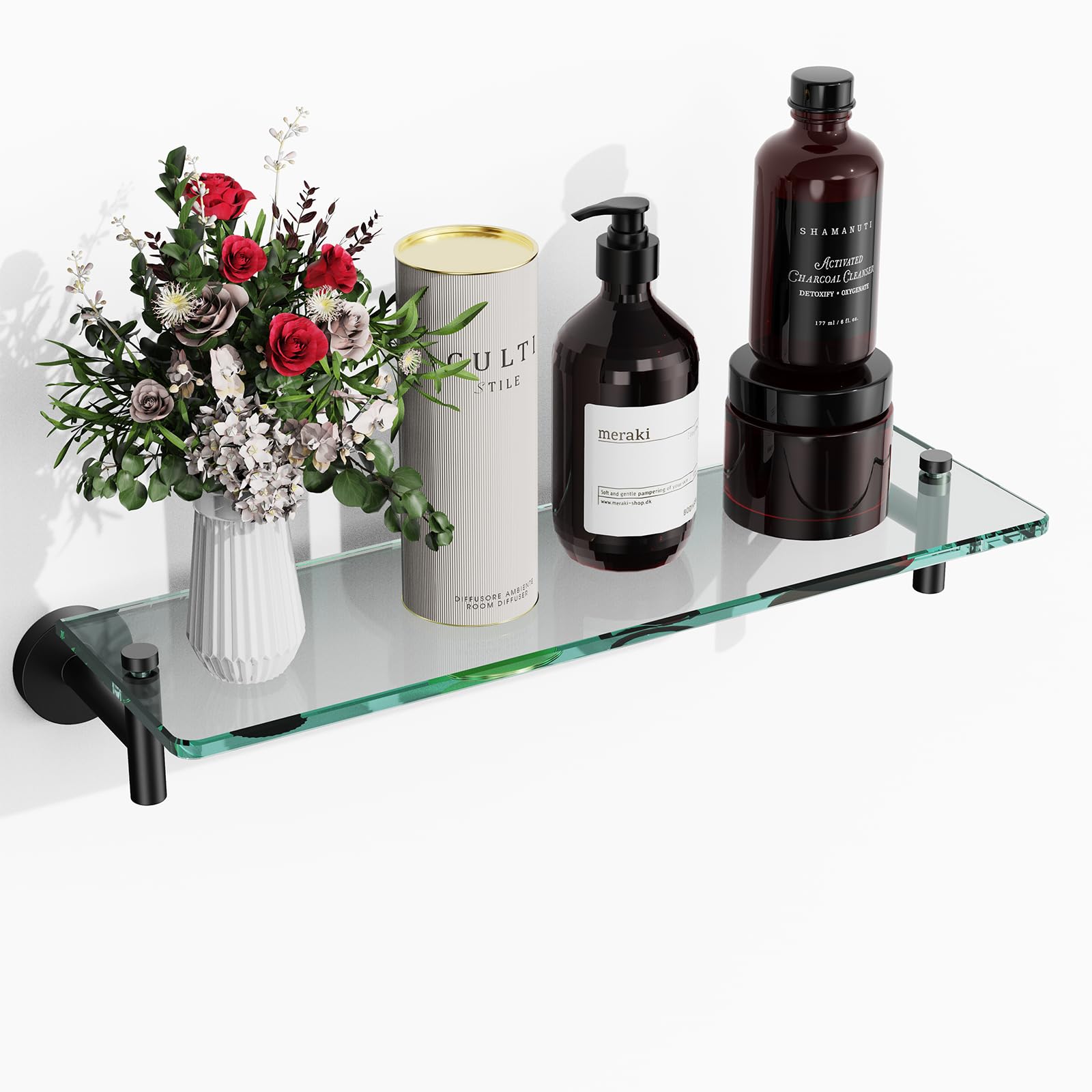 15.8-Inch Black Tempered Glass Bathroom Shelf - Stainless Steel Wall Mounted Floating Shelves for Shower, Vanity & Modern Bathroom Organization