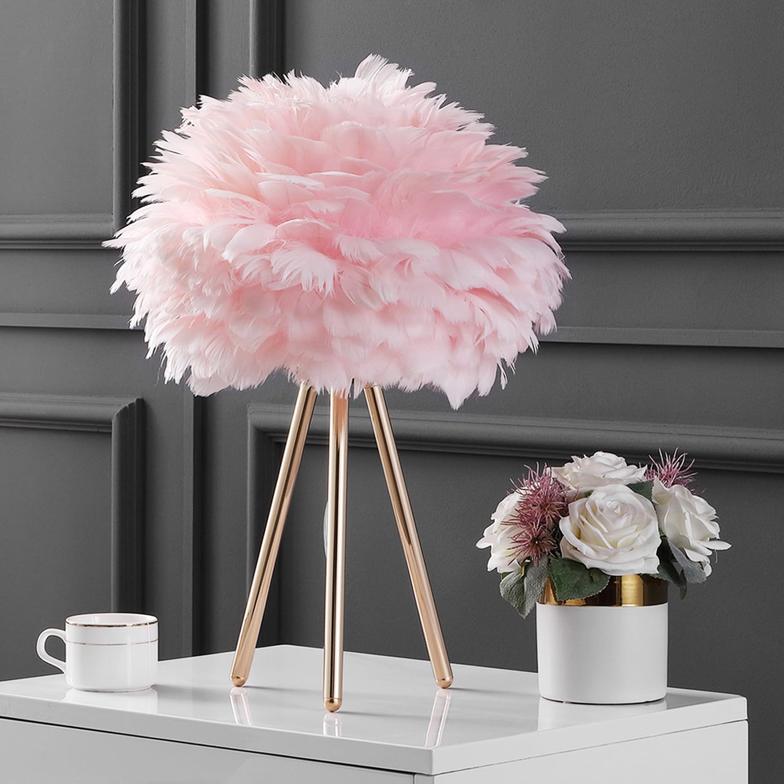 Pink Feather Tripod Lamp - Aesthetic Gold Desk Lamp for Bedroom, Living Room, Girls Room Decor | Unique Large Table Lamp & Bedside Lighting for Home, Dorm, Office
