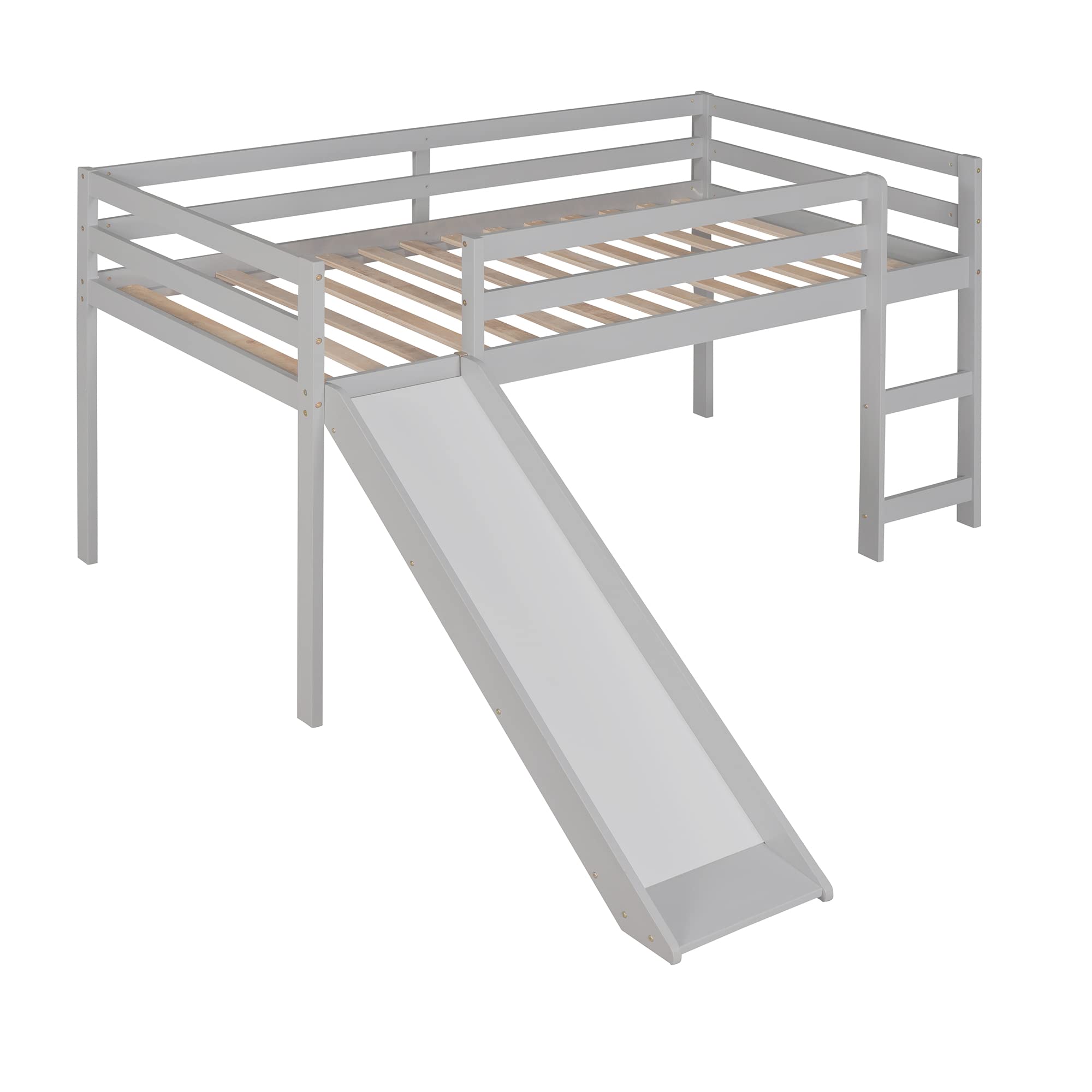 Harper & Bright Designs Twin Size Kids Low Loft Bed with Slide - Sturdy Wooden Loft Bed Frame in Gray - Perfect for Small Bedrooms, Playrooms & Space-Saving Kids' Rooms