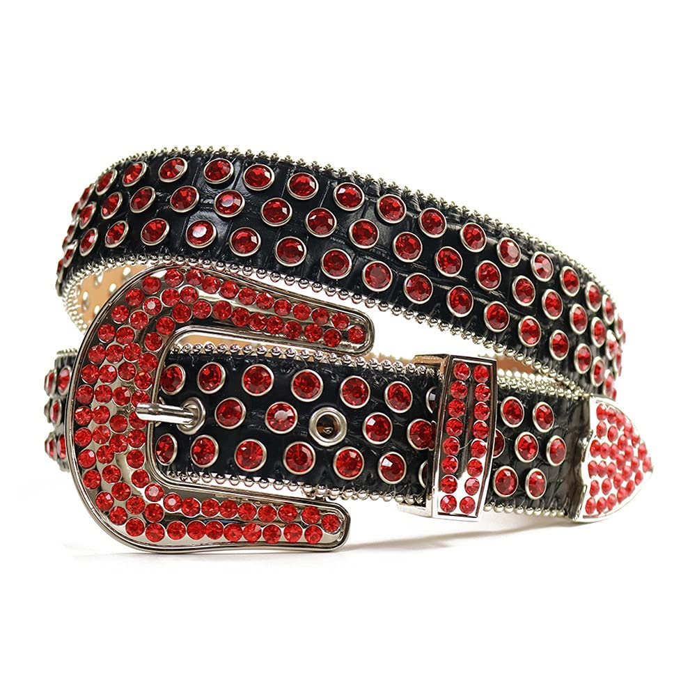 Cowgirl Cowboy Western Rhinestone Belt with Removable Buckle - Diamond Studded Fashion Belt for Women & Men (Red, 38 Inch) - Perfect for Rodeo, Country Dance & Western Outfits