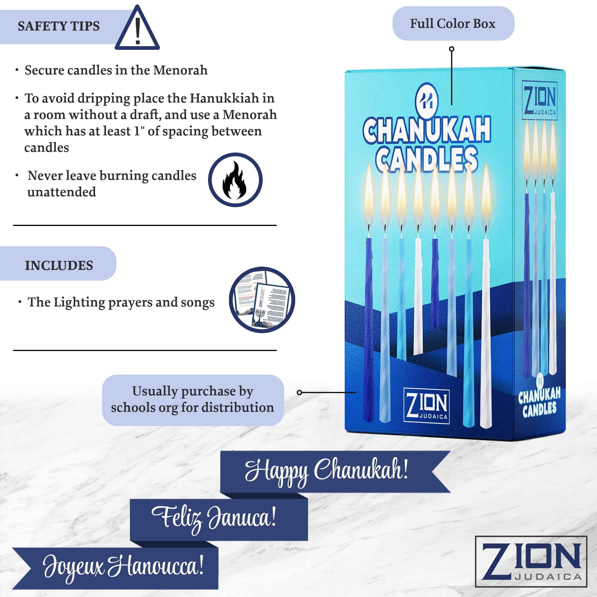 Premium Hanukkah Menorah Candles - Box of 44 Multi-Blue Wax Candles with Prayer Card | Spiral Design Fits Most Menorahs | Bulk Chanukah Candles for All 8 Nights Celebration | Perfect for Home, Synagogue & Holiday Decor by Zion Judaica