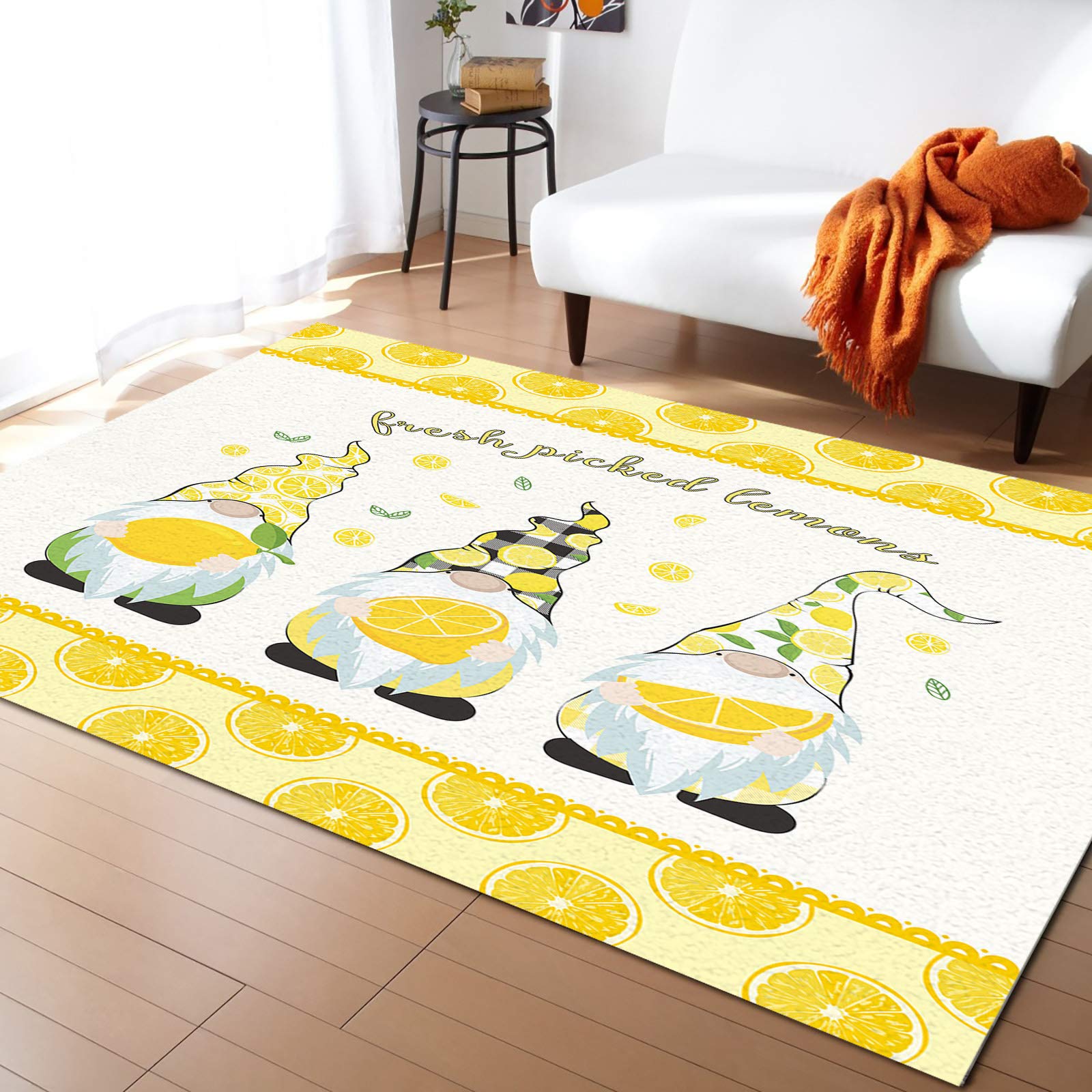 Lemon Gnomes Indoor Modern Contemporary Area Rug - Summer Cute Lemon Dwarf Rustic Style Yellow Ultra Soft Non-Shedding Carpet - Stain Resistant Washable 4'x6' Floor Mat for Living Room, Bedroom & Home Decor - Perfect for Cozy Spaces, Farmhouse Style Interiors and Seasonal Summer Decor