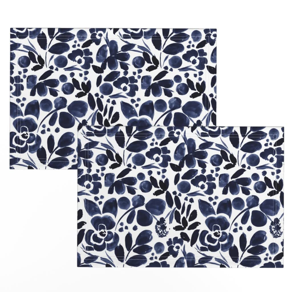 Spoonflower Linen Cotton Canvas Placemats (Set of 2) - Navy Blue Floral Watercolor Vintage Print Washable Table Mats for Dining, Kitchen, and Home Decor