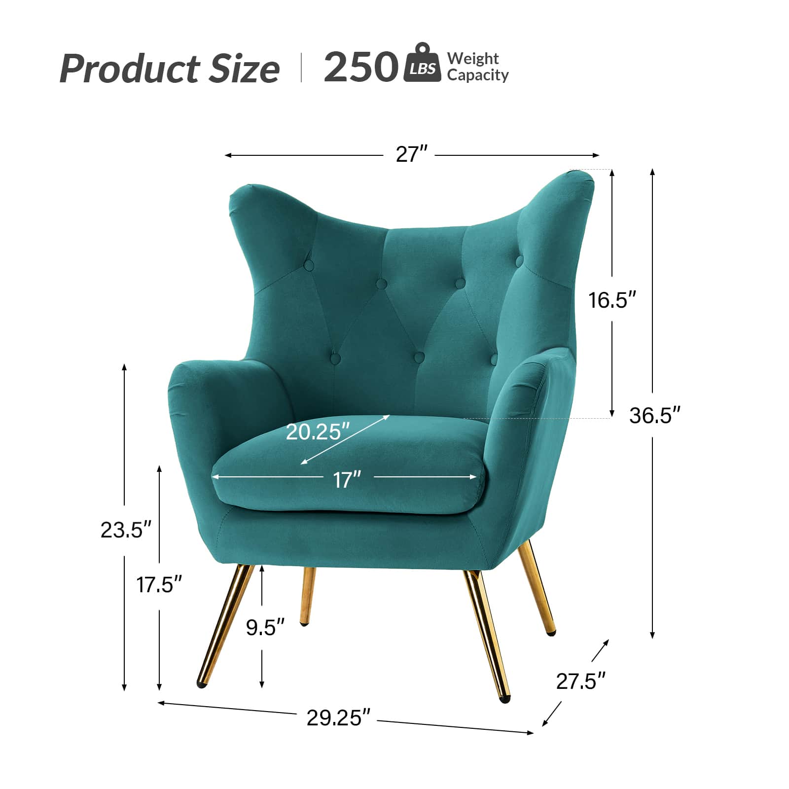 Luxury Isabelle Wingback Velvet Upholstered Armchair - High Back Accent Chair with Sturdy Metal Legs for Living Room, Bedroom & Office Decor