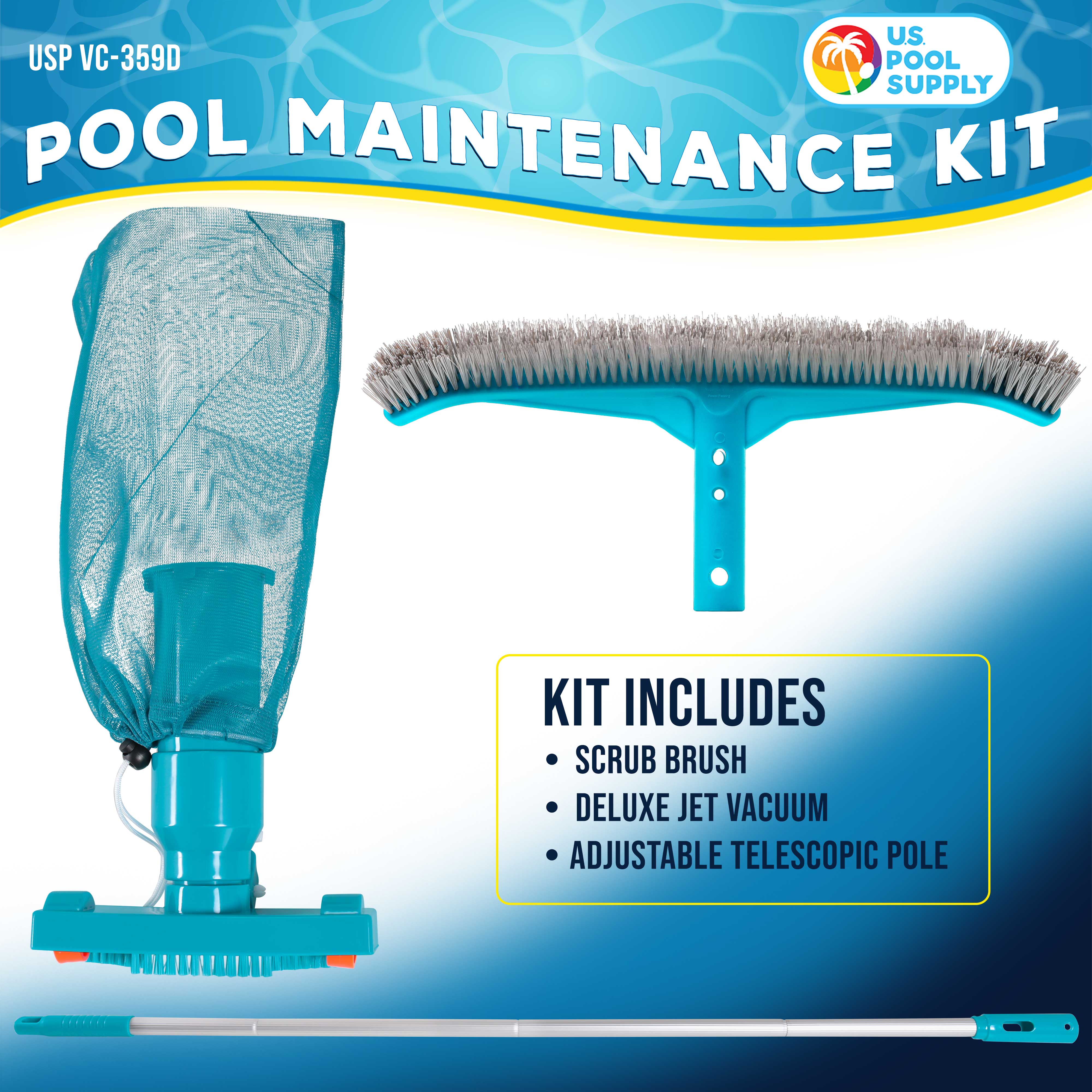 Premium Swimming Pool Maintenance Kit with Deluxe Jet Vacuum, 16-inch Floor & Wall Scrub Brush, Adjustable Telescopic Pole | Efficient Pool Cleaning for Inground & Above Ground Pools | Remove Leaves, Dirt & Debris Easily