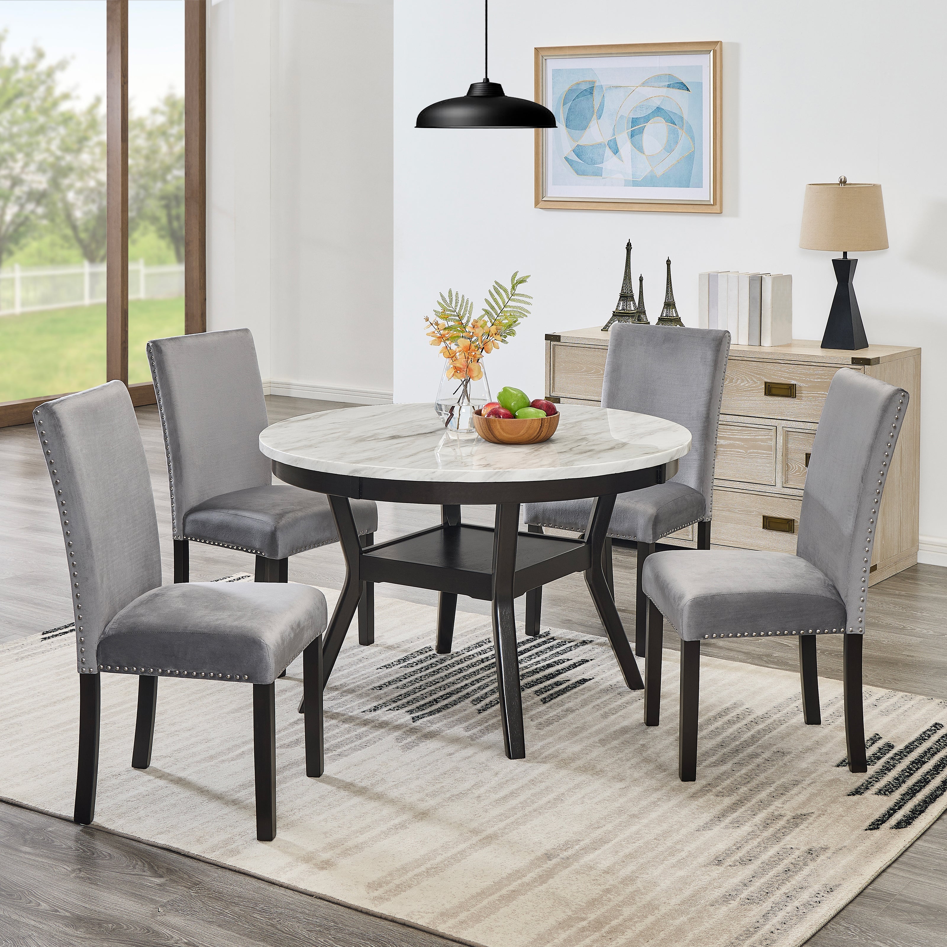 Roundhill Furniture 5-Piece Mella Dining Set - Round Faux Marble Table with 4 Velvet Parsons Chairs, Dark Espresso Finish - Perfect for Small Spaces, Breakfast Nooks & Modern Apartments