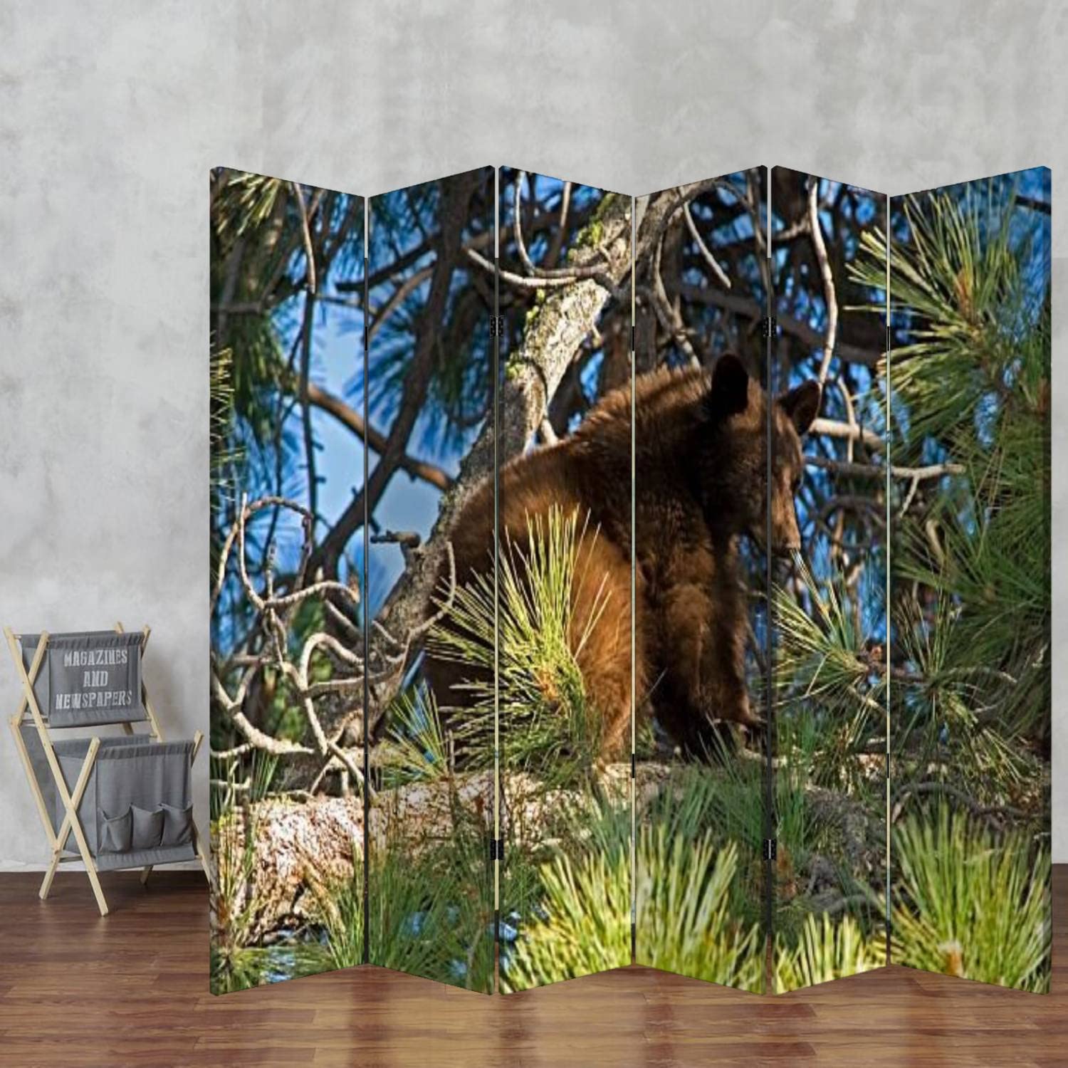 Black Bear Cub Wood Screen Room Divider - 6 Panel Folding Privacy Partition with Dual-Sided Canvas for Home & Office - Perfect for Room Separation, Nursery Decor, and Indoor Display Shelves
