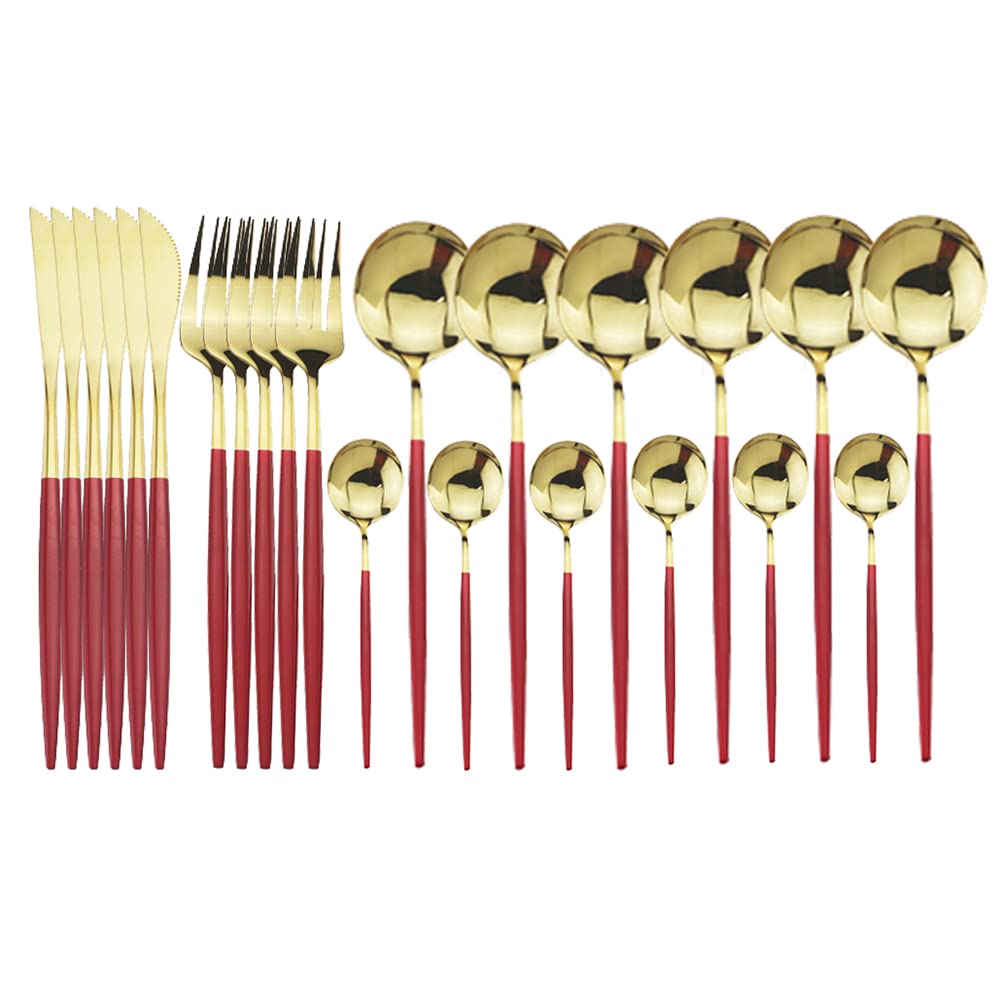 Premium 24-Piece Stainless Steel Silverware Flatware Set - Knife, Fork & Spoon Cutlery for Everyday Dining - Dishwasher Safe, Elegant Red Gold Finish - Perfect for Dinner Parties, Restaurants & Home Use