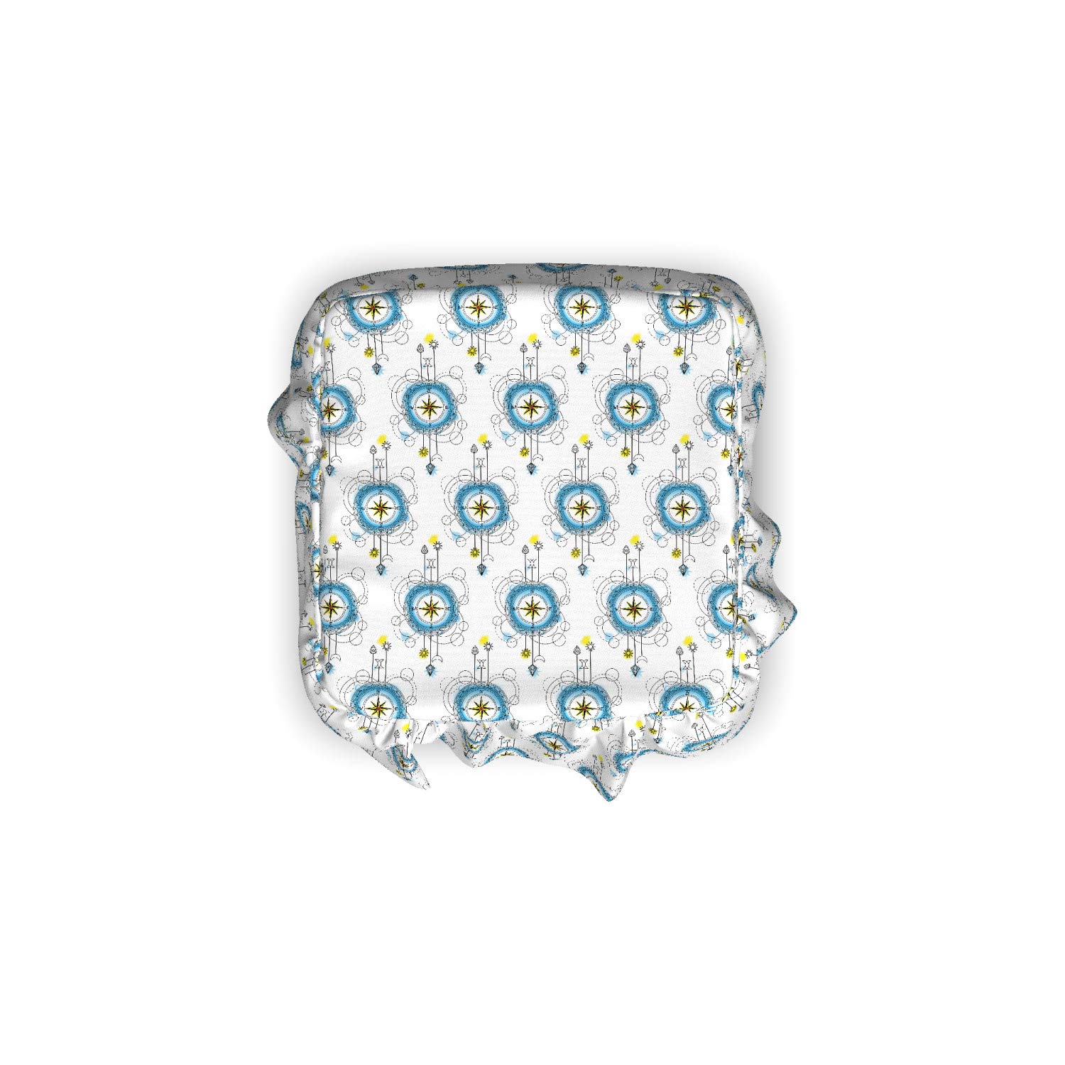 Ambesonne Tattoo Ottoman Cover Set - 2 Piece Aquarelle Compass Travel Design Slipcover with Ruffle Skirt for Square/Round Cube Footstool | Standard Size Blue Black Yellow | Home Decor Accent for Living Room, Bedroom & Office