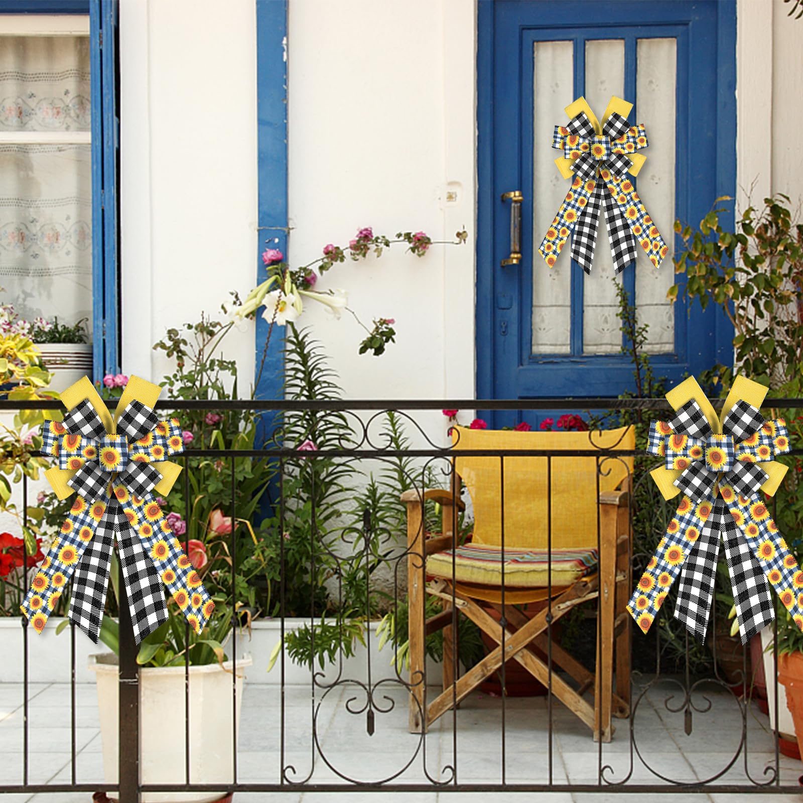 Large Sunflower Wreath Bows - Black White Buffalo Plaid for Farmhouse Door Decor