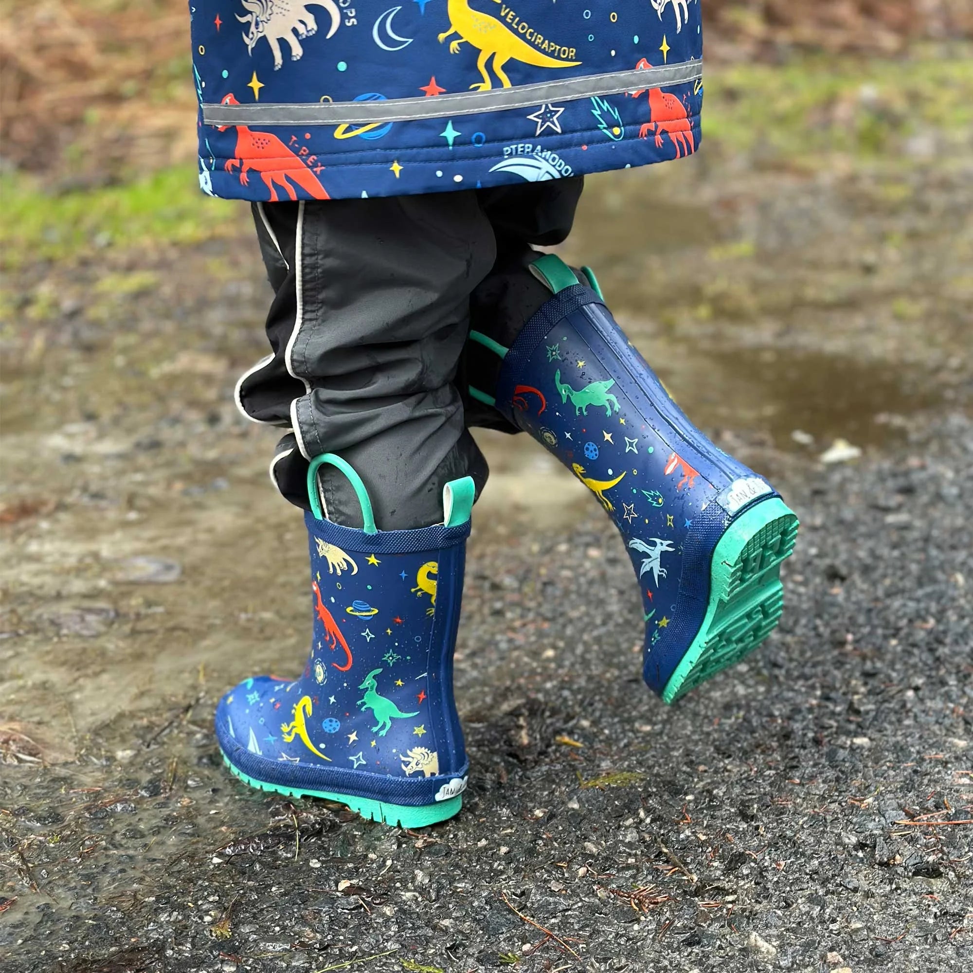 Jan & Jul Space Dino Kids Rain Boots - Waterproof Rubber Rain Shoes for Toddlers & Children - Perfect for Puddle Jumping, Outdoor Play & Rainy Day Adventures