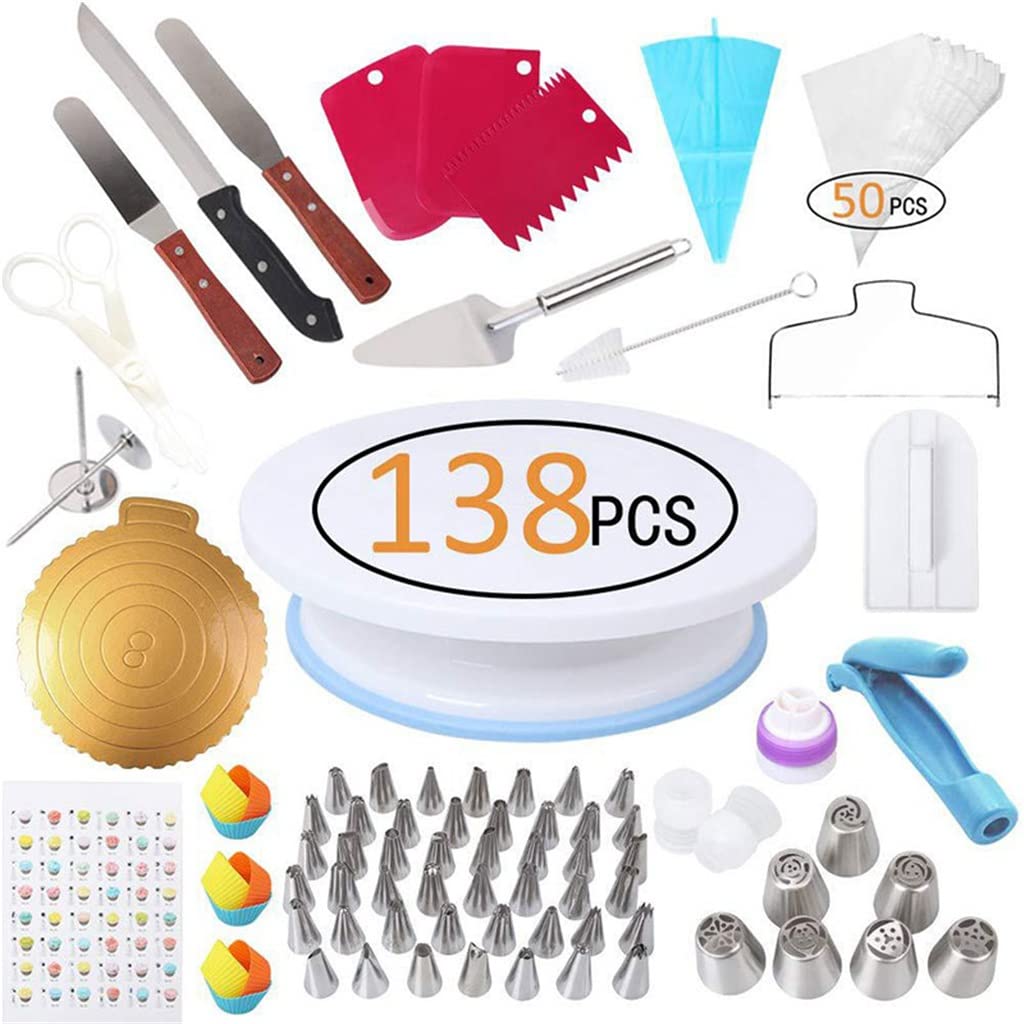 GANFANREN 138-Piece Cake Decorating Kit with Plastic Turntable, Icing Scraper, Piping Nozzles & Pastry Bags - Professional Baking Tools Set for Cake Decorating, Cupcakes & Pastry Making - Perfect for Home Bakers & Professional Chefs