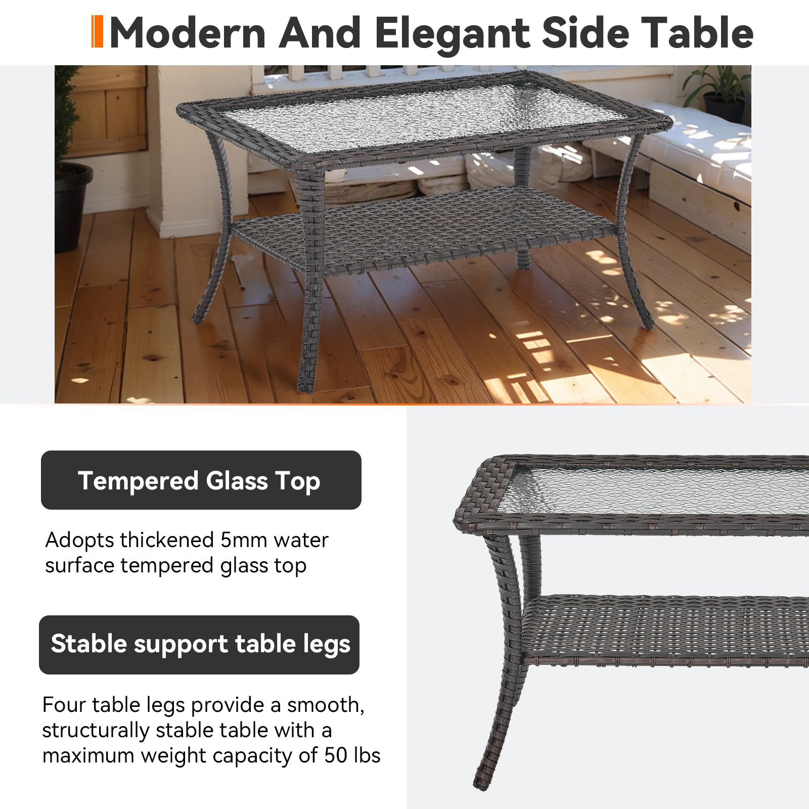 Outdoor Rattan Wicker Coffee Table with Tempered Glass Top & 2-Tier Storage - Patio Furniture for Deck, Porch, Balcony, Garden - Brown - Perfect for Outdoor Entertaining and Relaxation