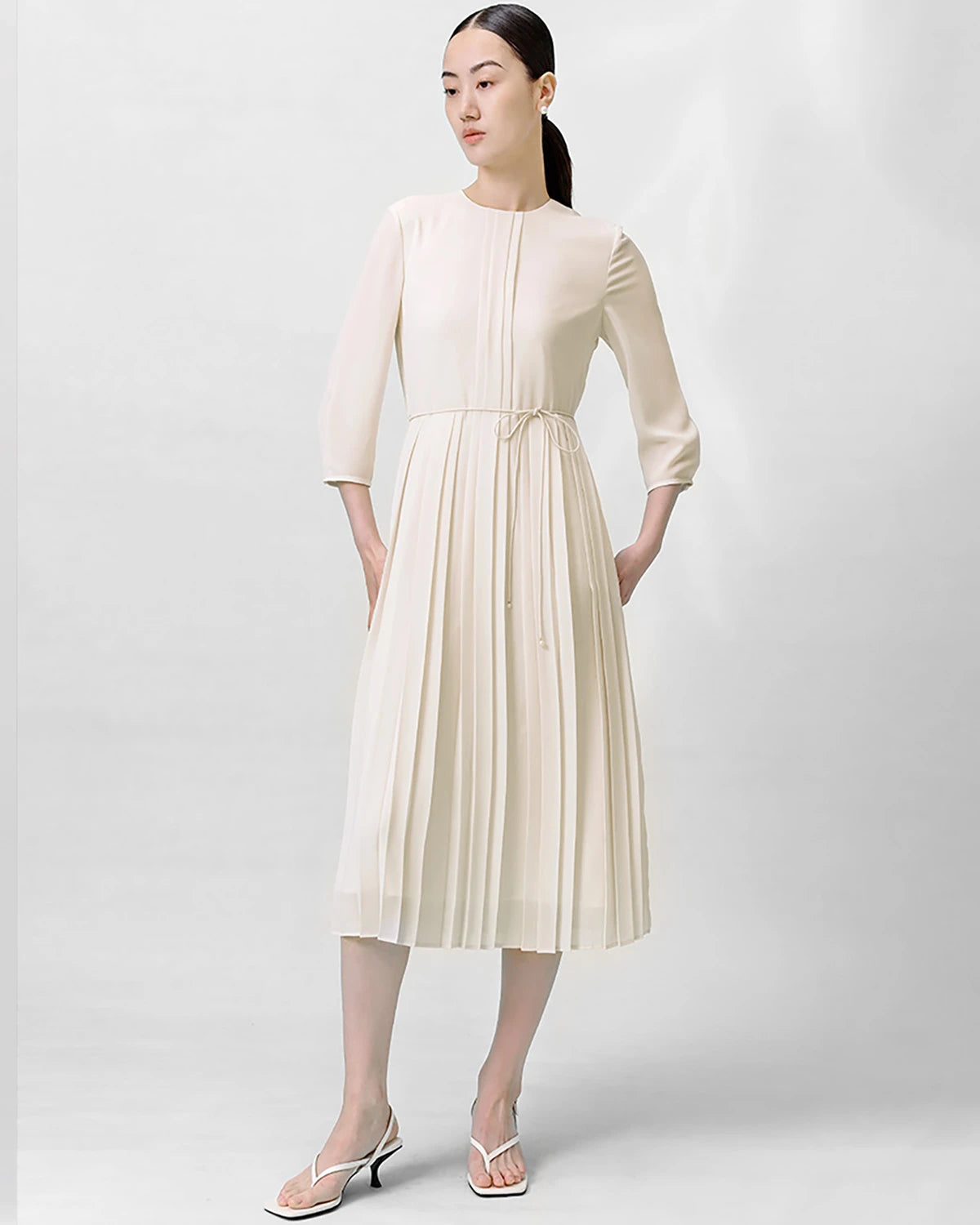 Elegant Pleated 3/4 Sleeve Silk Dress for Women - Perfect for Cocktail Parties, Weddings & Special Occasions