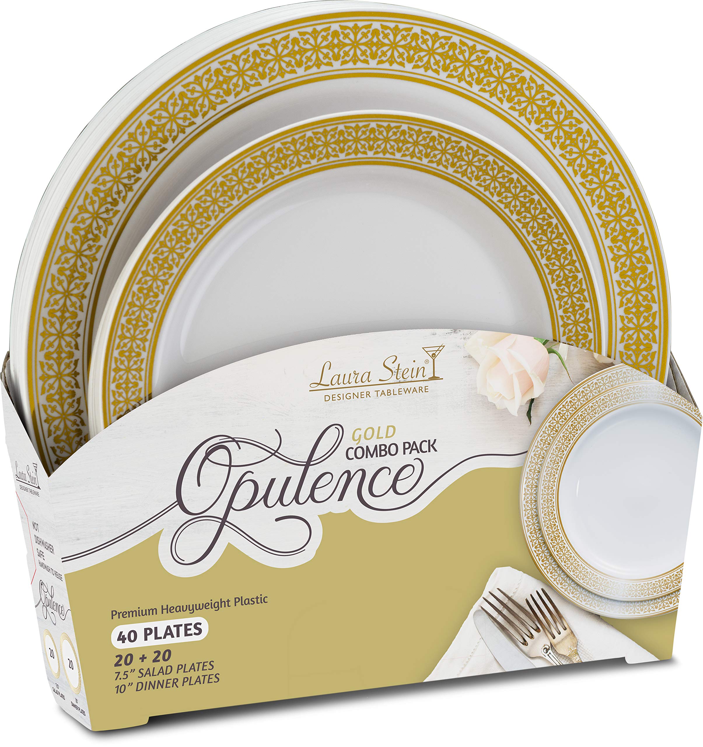 Laura Stein Opulence Series 40-Piece Premium Plastic Dinnerware Set - 20 White & Gold Rim 10.75