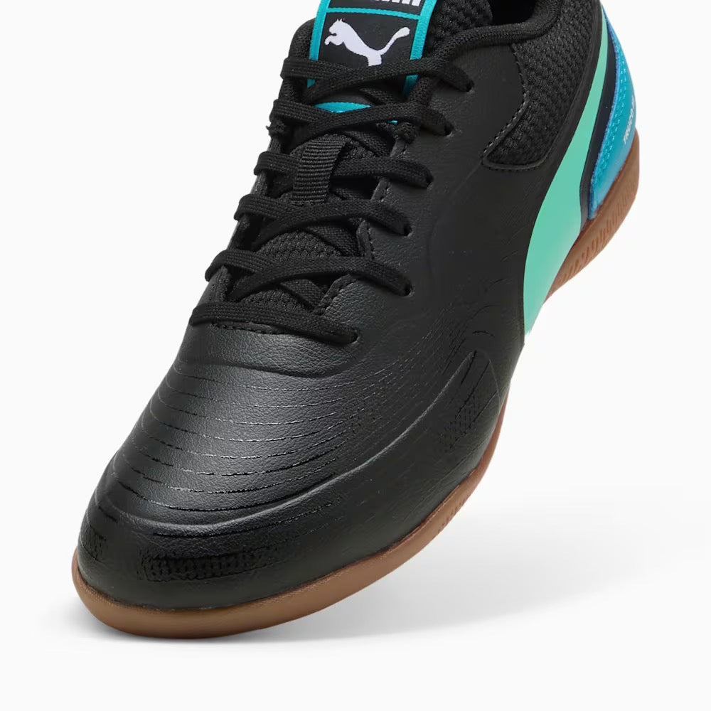 Puma Truco III Junior Indoor Soccer Shoes for Kids - Black, Aquatic, Tropical Blue, White | Perfect for Indoor Football Training & Games