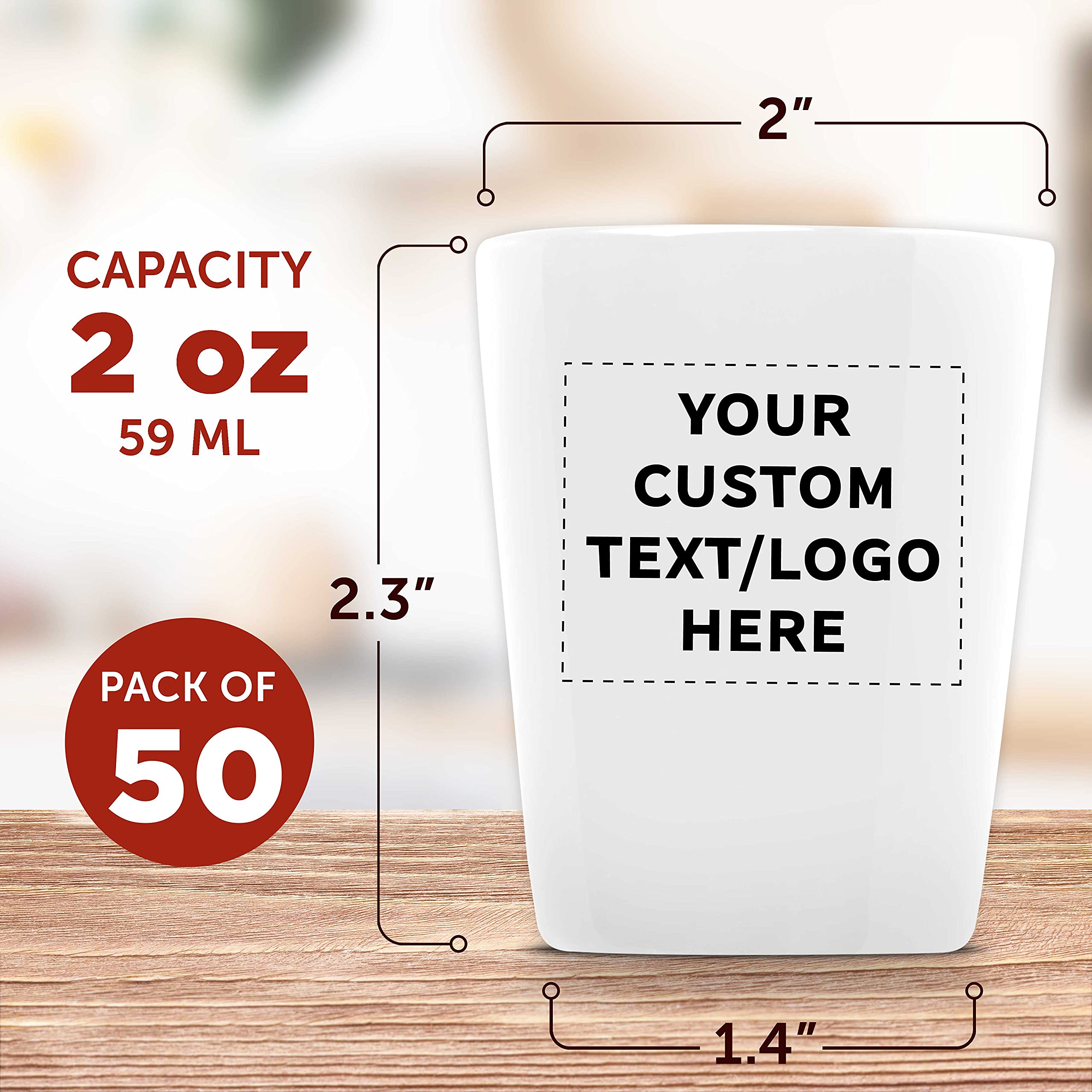 50-Piece Customizable Ceramic Shot Glasses Set (2 oz) - Personalized Text & Logo - Glossy White Barware for Parties, Weddings & Events - Durable Drinkware for Cocktails, Tequila & Shots