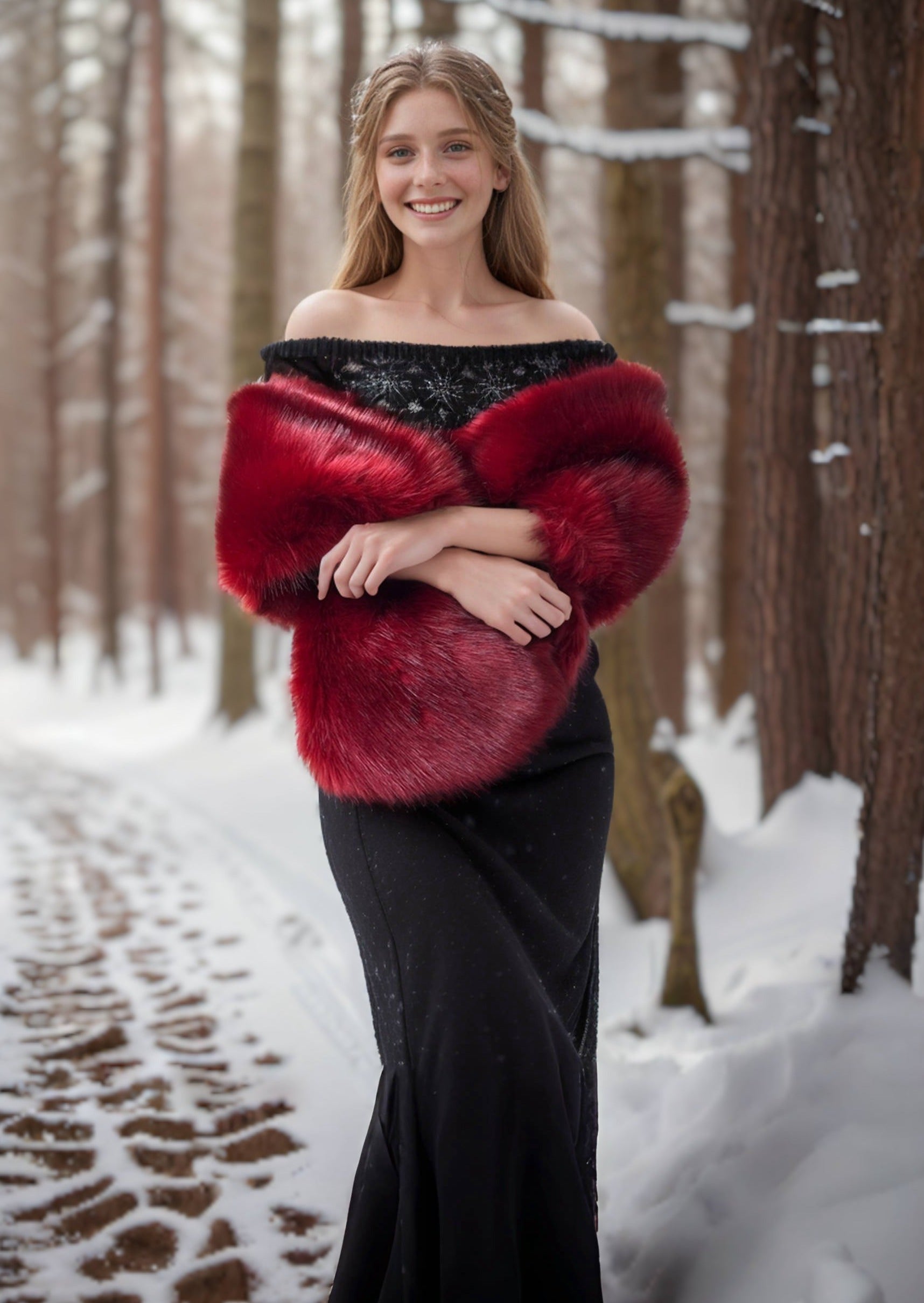 Luxury Red Fur Shawl - Soft & Warm Winter Wrap for Women (Lilian Red03) - Perfect for Parties, Weddings & Cold Weather Fashion