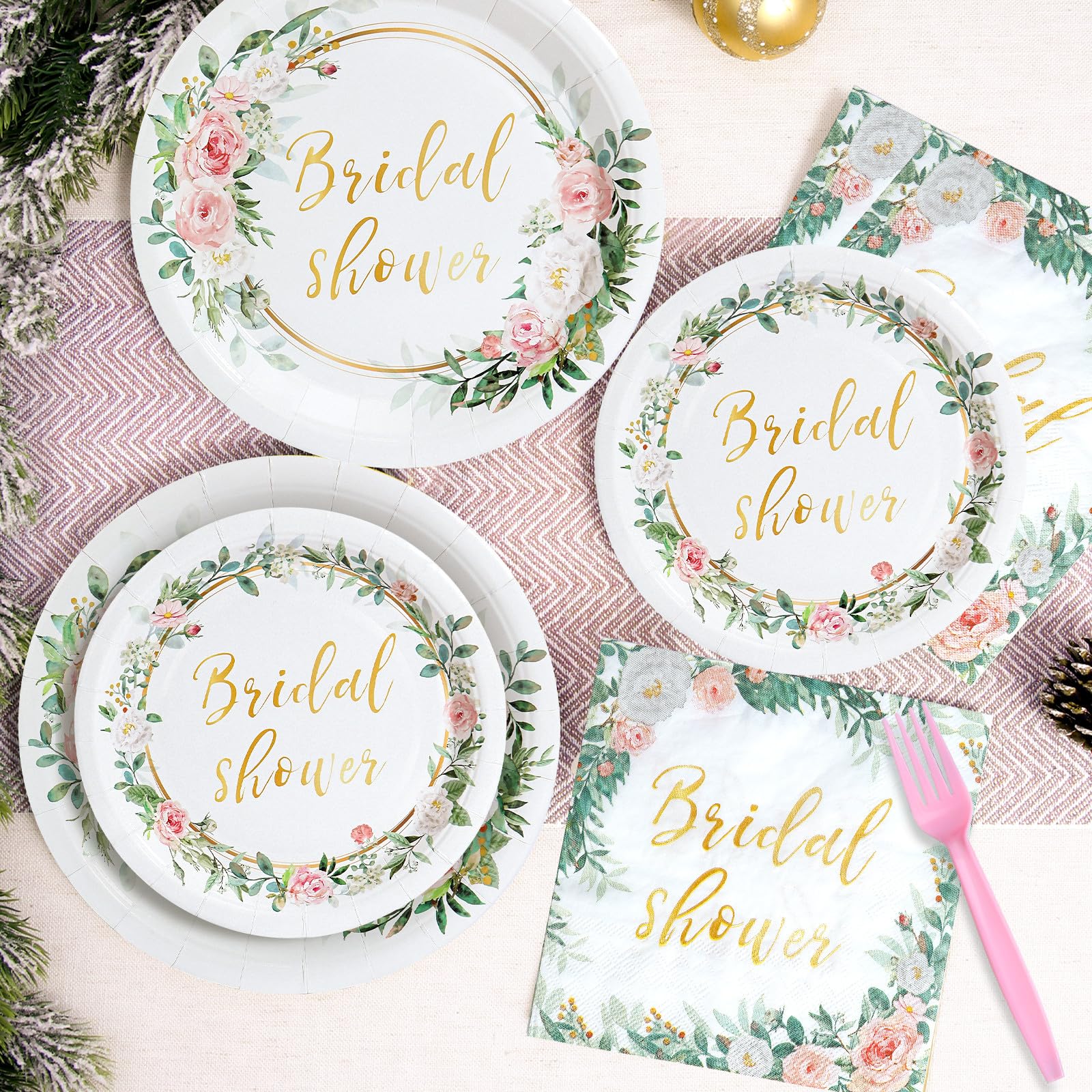 Elegant Pink & Gold Floral Bridal Shower Tableware Set - 24-Piece Disposable Plates, Dessert Plates, Napkins & Forks for Bachelorette Party Decorations | Perfect for Wedding Showers, Engagement Parties & Bridal Celebrations