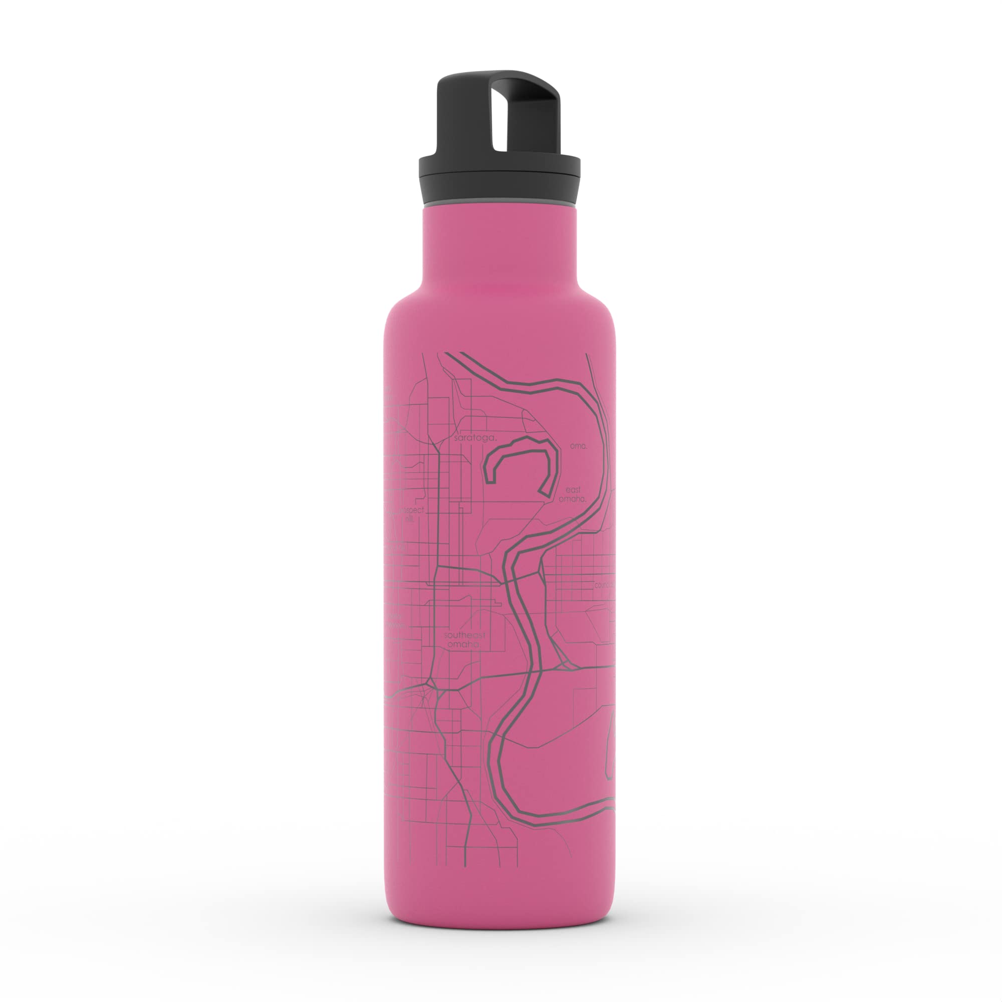 Personalized Omaha Nebraska Map Stainless Steel Insulated Water Bottle - 21oz Sunset Pink, Double-Wall Vacuum Insulation, Custom Etched City Map Design - Perfect for Hiking, Camping, Gym & Outdoor Activities