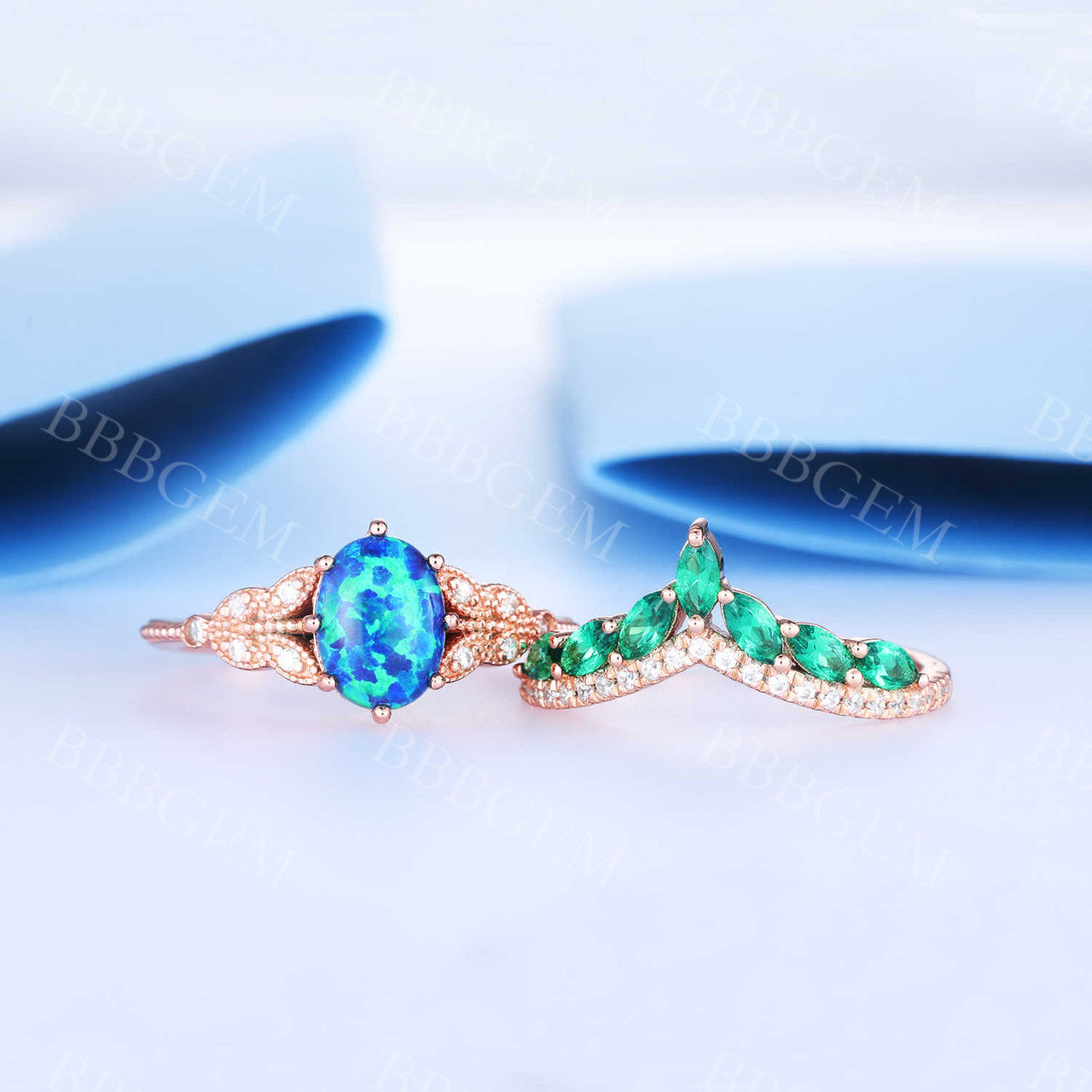 Oval Black Opal Ring with Diamond & Emerald Crown - Elegant Eternity Wedding Band Set for Women | Perfect for Engagement, Anniversary & Special Occasions