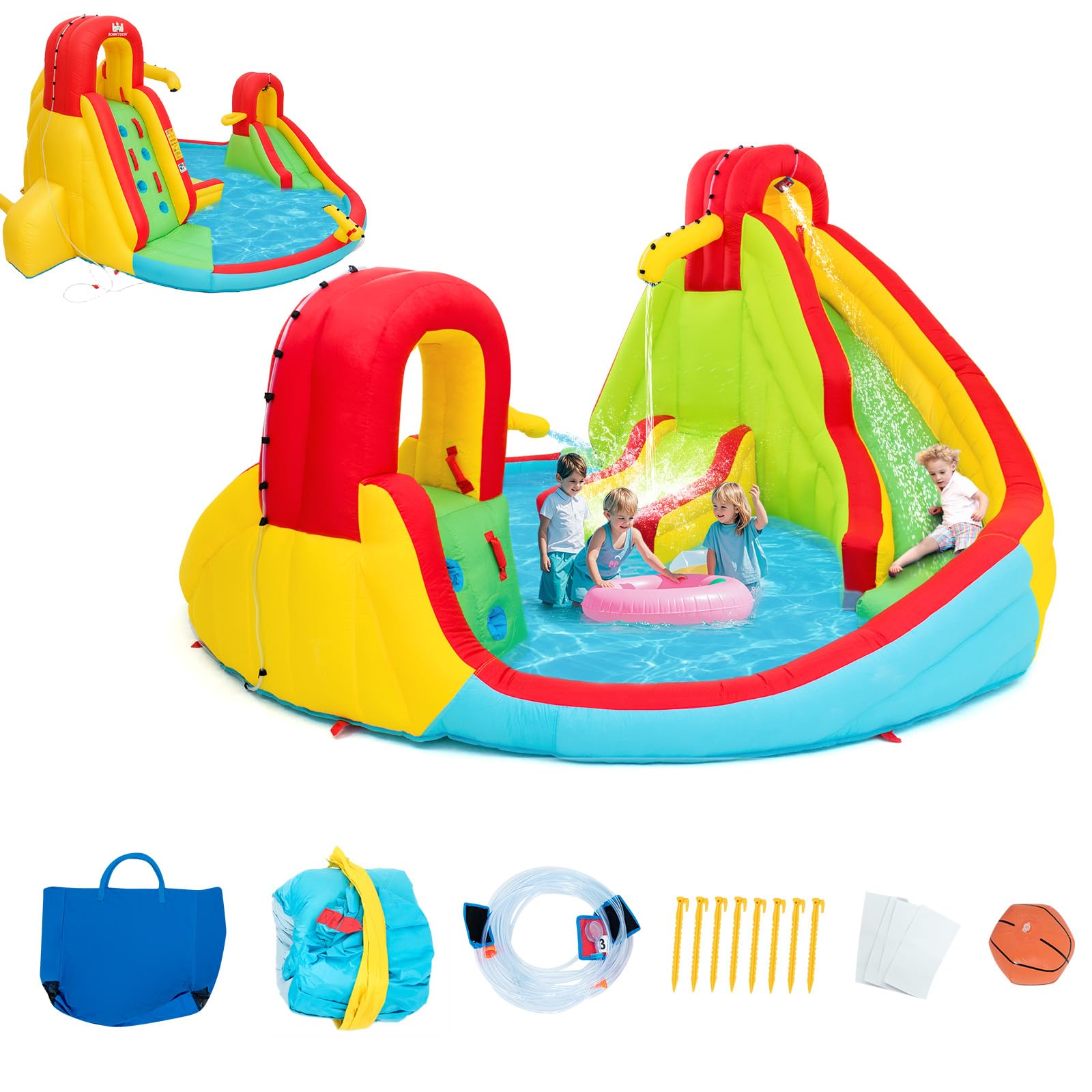 OLAKIDS Inflatable Water Slide - 7-in-1 Bounce House with Dual Slides, Climbing Wall, Splash Pool, Basketball Hoop & Water Guns | Outdoor Summer Party Water Play for Kids Backyard, Birthday, Beach | Includes Carrying Bag & Repair Kit