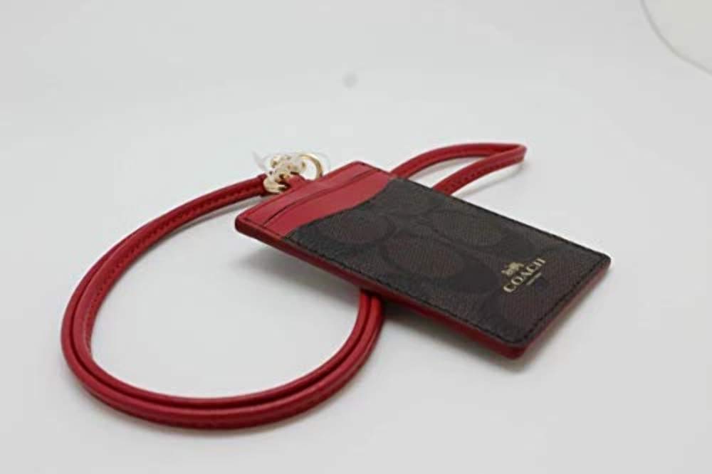 Coach Signature Brown & Red Lanyard ID Badge Holder with Card Slot - Stylish Work Accessory for Office, School, and Events (Model 63274)