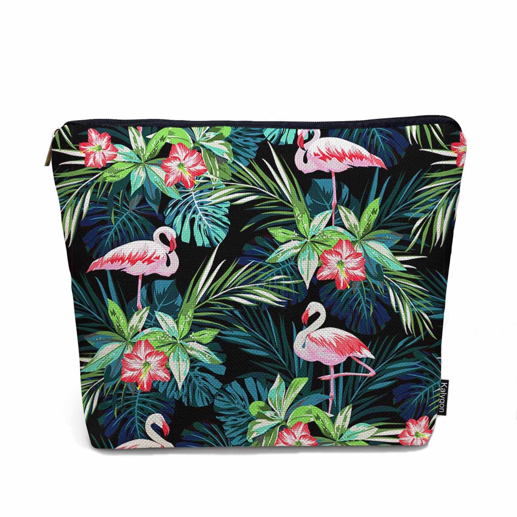 Flamingo Pink Makeup Bag for Women - Tropical Palm Leaves & Hibiscus Cosmetic Travel Organizer with Zipper, Waterproof Toiletry Pouch - Perfect for Travel, Beach Vacation & Daily Cosmetics Storage
