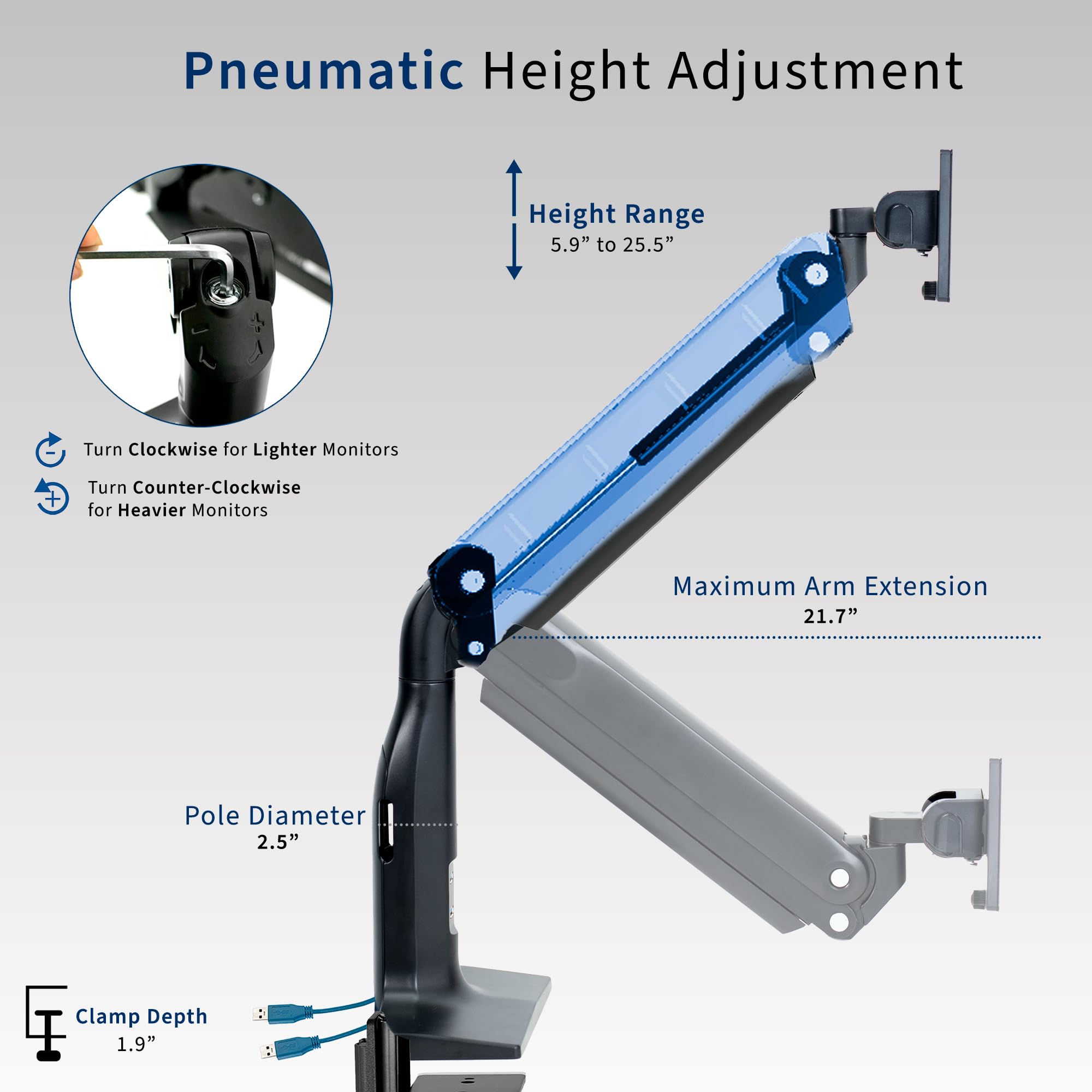 VIVO Aluminum Single Monitor Arm Stand for 13-49 Inch Ultrawide Screens, Adjustable Pneumatic Articulating Mount with USB Ports, Clamp-on Desk Stand, Max VESA 200x100 (Black) - Perfect for Home Office, Gaming Setup & Workspace Ergonomics
