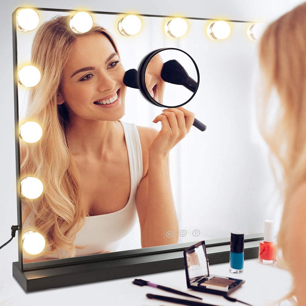 Depuley 23 x 18 Inch LED Makeup Vanity Mirror with 3 Color Changing & 15 Dimmable Bulbs, Smart Touch Control, 10X Magnification - Perfect for Bedroom, Dressing Room & Tabletop (Black, 58 x 44 cm) - Ideal for Makeup Application, Skincare Routine & Hair Styling