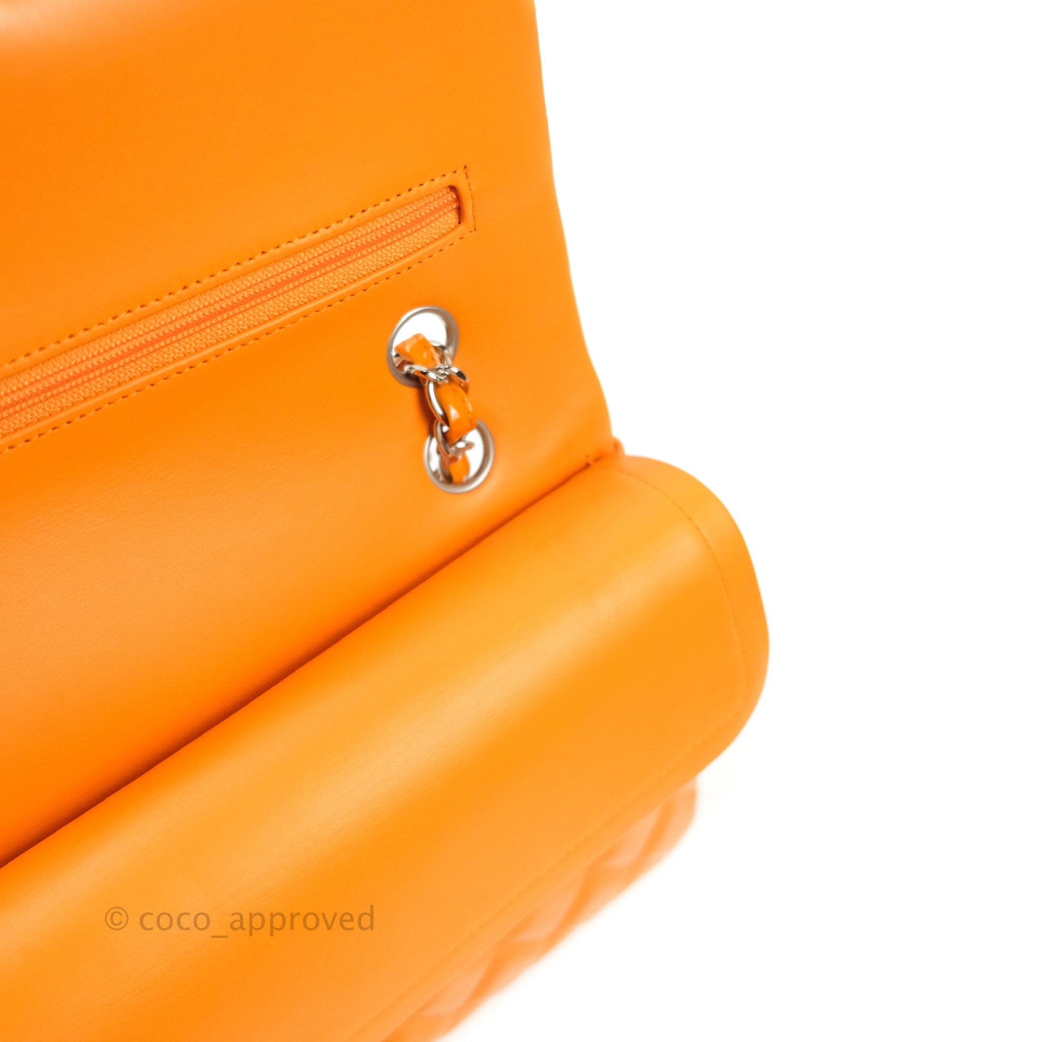 Chanel Classic M/L Medium Double Flap Bag in Orange Patent Leather with Silver Hardware - Perfect for Evening Events & Luxury Fashion Accessories