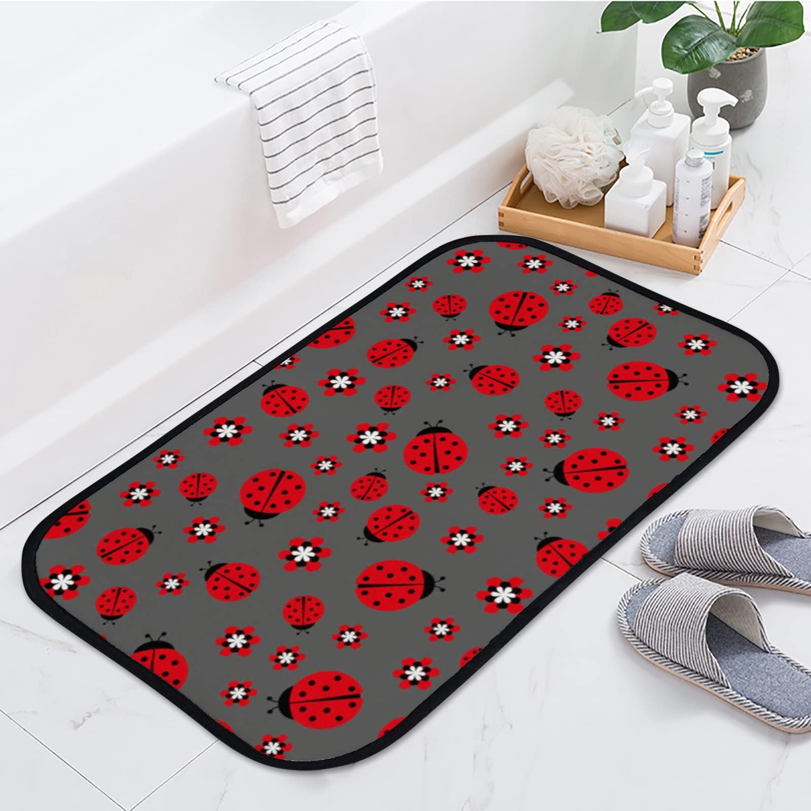 Soft Foam Non-Slip Washable Area Rug with Red Flower & Ladybug Design - 36x24 Inch Indoor/Outdoor Kitchen & Bathroom Mat for Home Decor - Perfect for Entryways, Laundry Rooms, and Pet Areas
