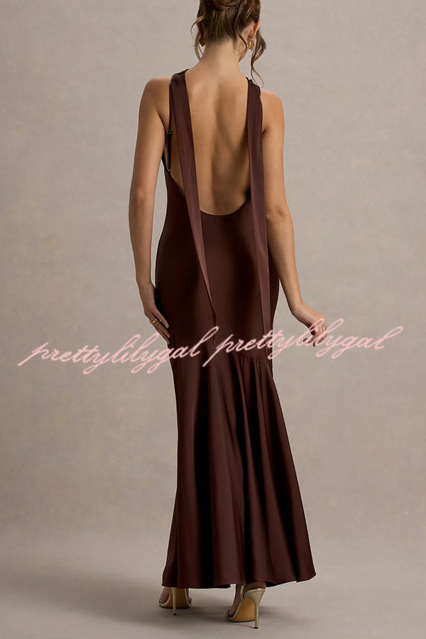 Elegant Satin Cowl Neck Maxi Dress with Back Tie Detail - Perfect for Evening Parties, Weddings & Special Occasions