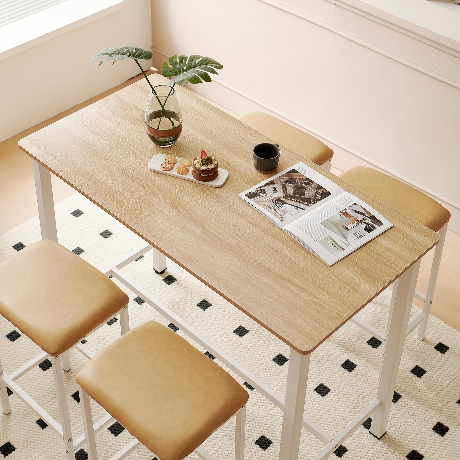 Buybyroom Oak Bar Table Set with 4 Upholstered Stools - Kitchen & Dining Counter Height Table for Small Spaces - Perfect for Breakfast Nook, Apartment Living Room & Compact Dining Areas