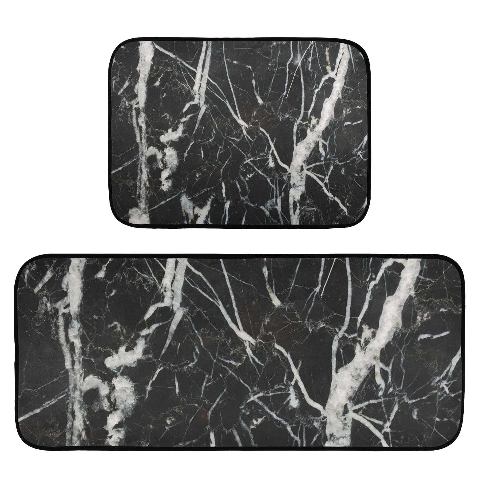 CaTaKu Black and White Marble Pattern Non-Slip Kitchen Rugs Set of 2 - Washable Polyester Floor Mats for Kitchen, Laundry, Sink & Office - Comfort Standing Mats for Hard Floors, Anti-Fatigue Home Decor