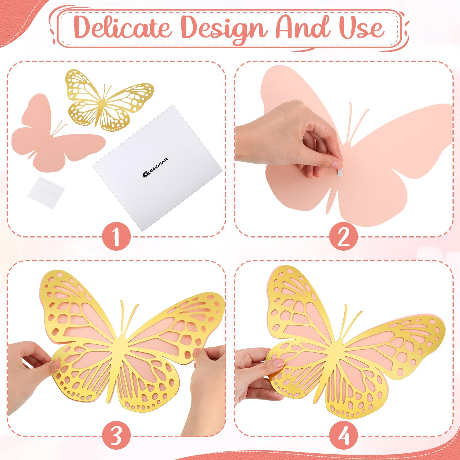 Geosar 3D Large Butterfly Party Decorations - 20 Pcs Giant Paper Butterfly Wall Stickers for Birthday, Baby Shower & Nursery (Gold & Pink) | Perfect for Wall Decor, Ceiling Hangings & Photo Backdrops
