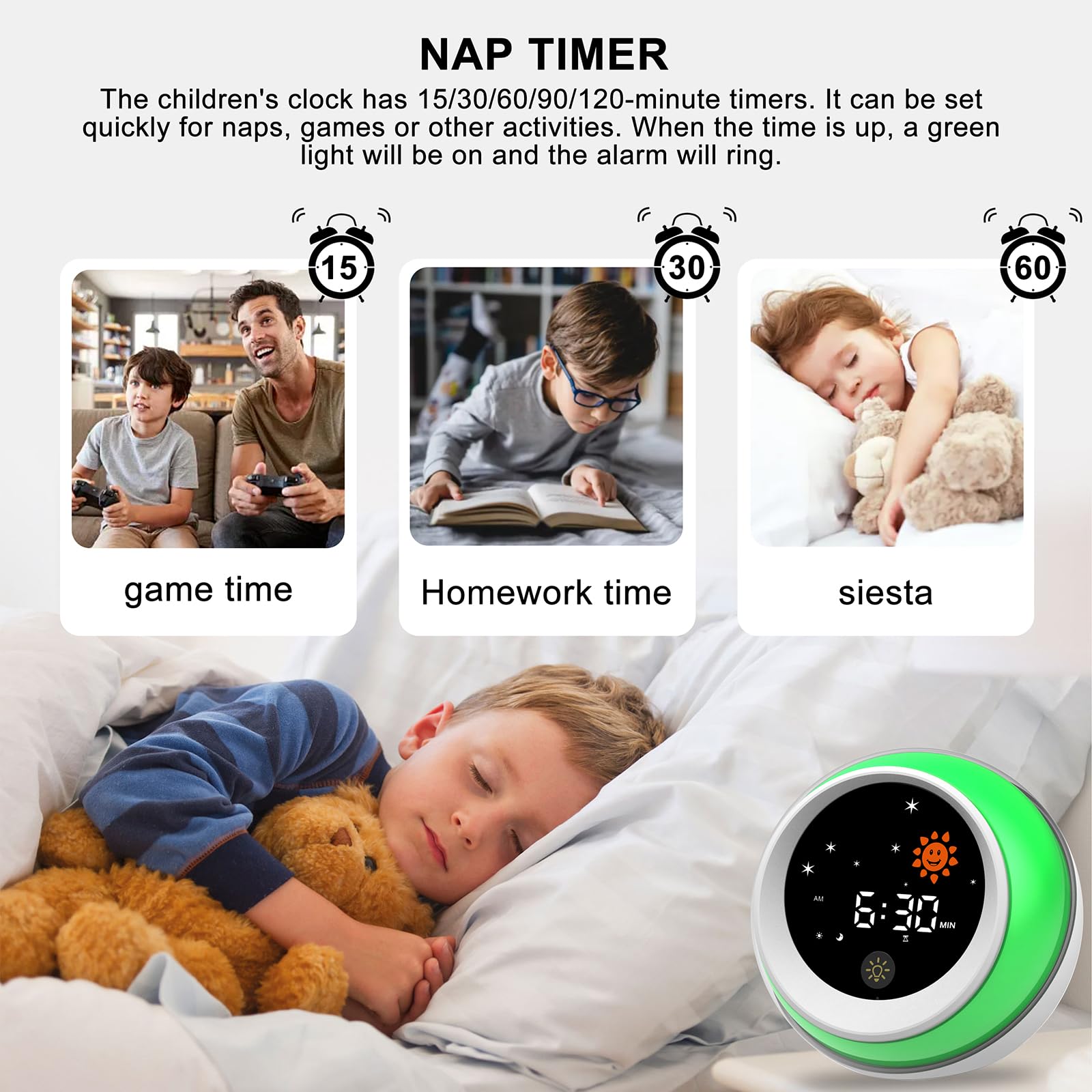 Kids Alarm Clock with Red Light Green Light - Sleep Training Clock for Children | Sun & Star Design, Built-in Sound Machine, Night Light & Nap Timer | Perfect for Bedrooms, Daycare & Nursery Use