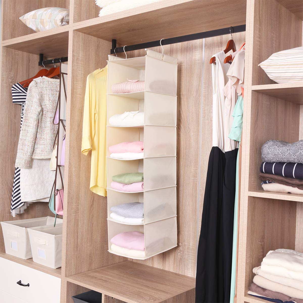 MAX Houser 6-Tier Hanging Closet Organizer Shelf with 2 Heavy-Duty Hooks - Foldable Space-Saving Storage for Clothes, Shoes & Accessories - Perfect for Bedroom, Dorm, Apartment Organization (Beige)