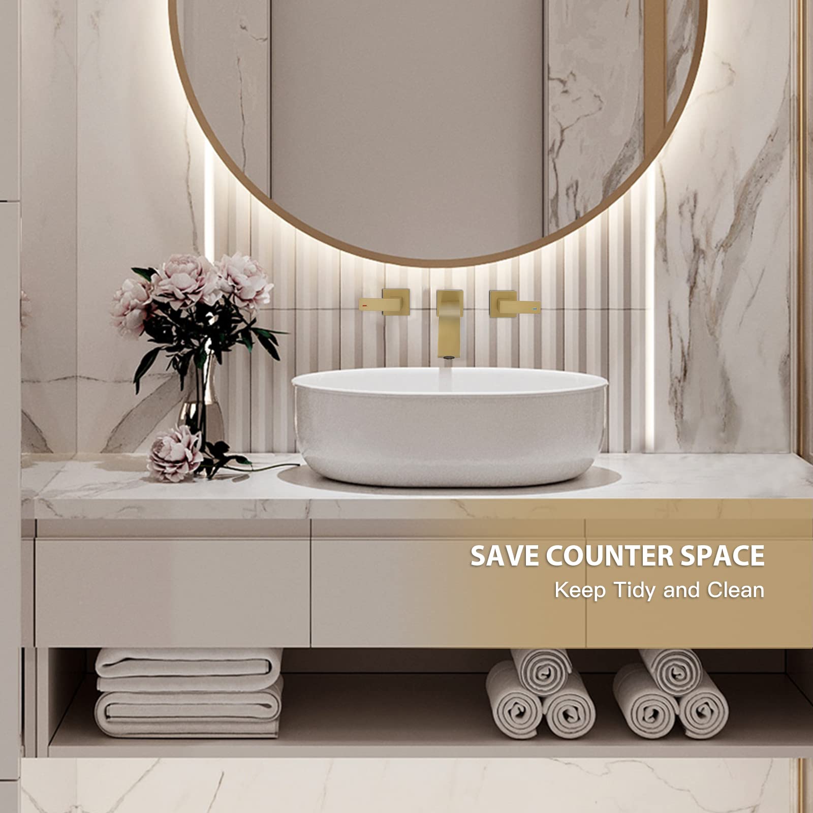 Brushed Gold Wall Mounted Bathroom Faucet - Dual Lever Handles Widespread 3-Hole Faucet for Vessel Sink - Brass Vanity Lavatory Sink Faucet with Rough-in Valve | Perfect for Modern Bathrooms, Powder Rooms & Luxury Home Decor