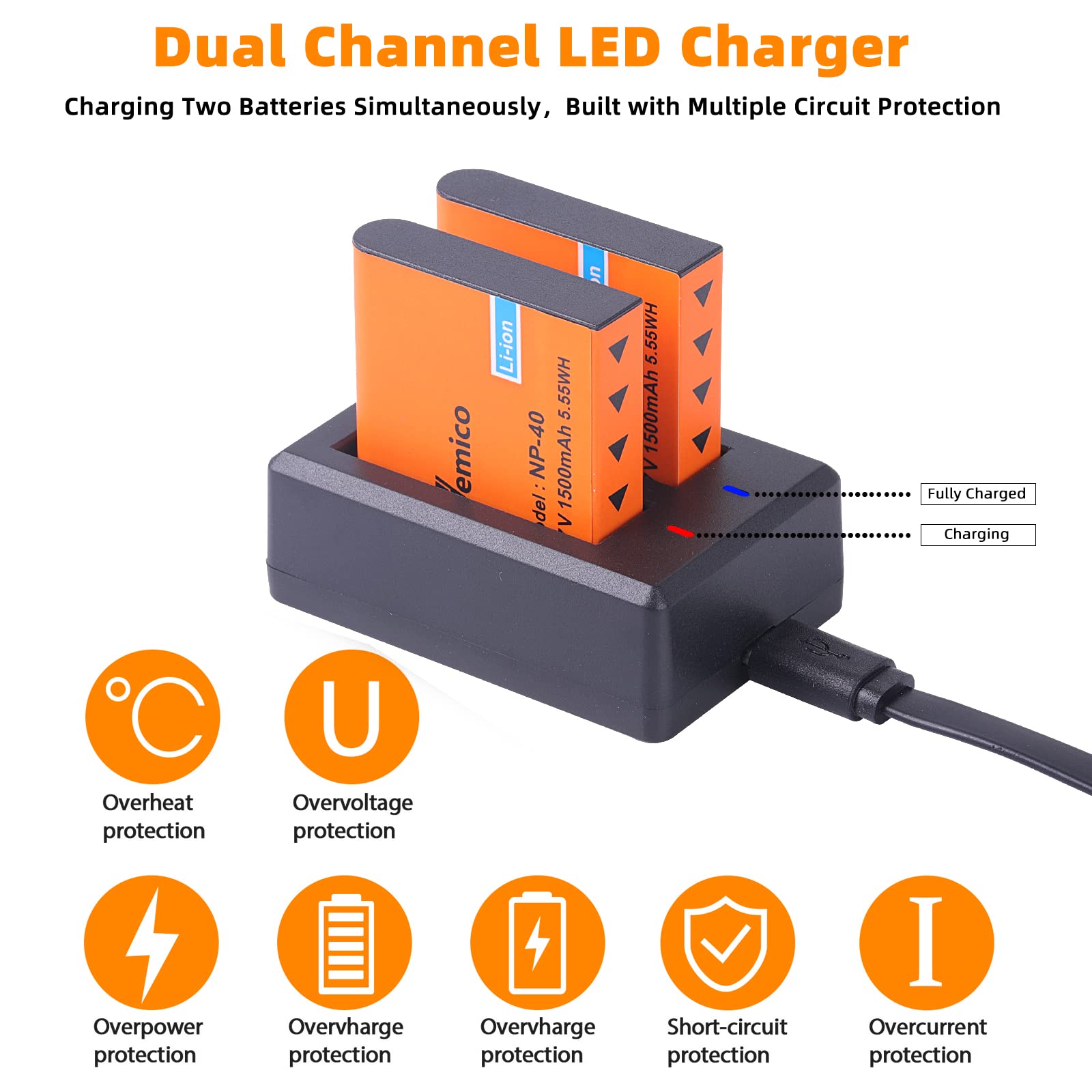 Vemico NP-40 Battery Charger Kit with 3 Pack 1500mAh Replacement Batteries & Dual Charger for Video Cameras - Compatible with Casio NP-40, Kodak LB-060, GE GB-60 - Perfect for Travel Vlogging, Home Videos & Professional Filming