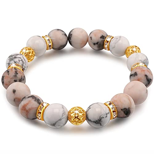 Anguishiny Crystal Beaded Bracelet Set - Rose Quartz, Carnelian, Amethyst, Pink Zebra, Tiger Eye & Jade Healing Stones for Women | Anxiety Relief, Protection & Positive Energy | Spiritual Jewelry for Meditation, Yoga & Daily Wear (Pink Zebra & Howlite)