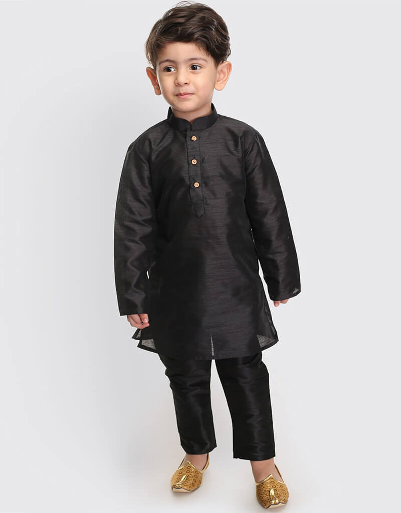 Black Kurta Pajama Set for Men - Premium Art Dupion Silk - Comfortable Ethnic Wear for Festivals, Weddings & Special Occasions