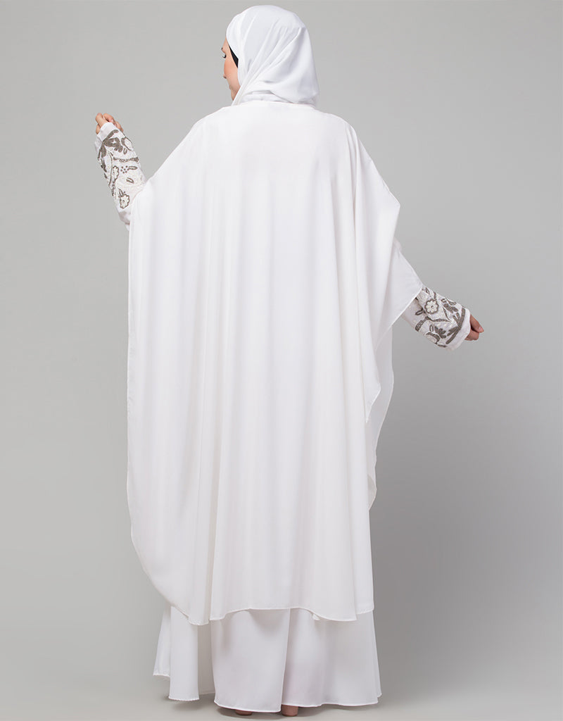 Elegant Arabic White Matt Nida Golden Embroidery Abaya Dress for Women - Perfect for Prayer, Special Occasions & Modest Fashion