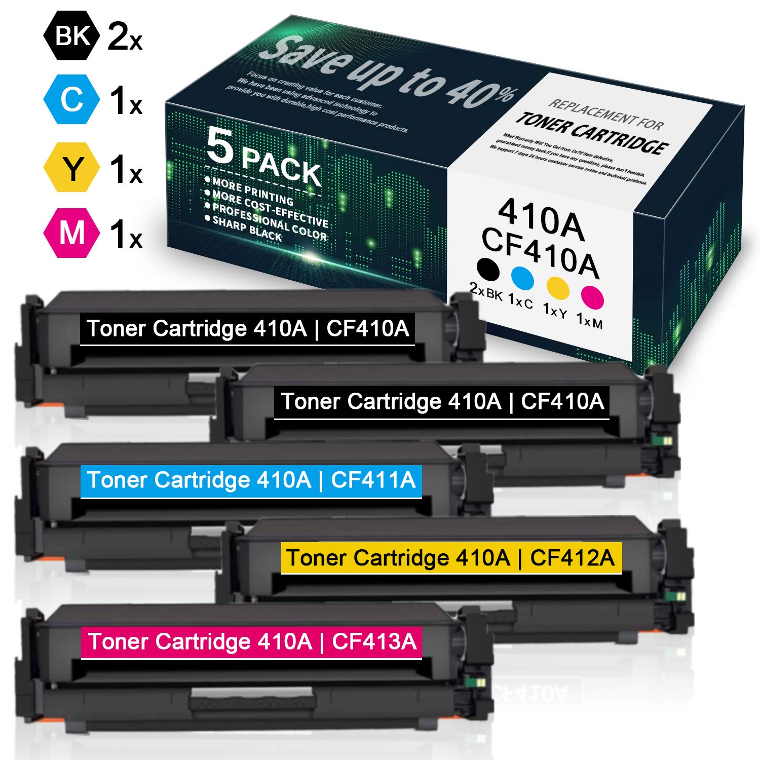 5-Pack Replacement Toner Cartridges (2BK/1C/1Y/1M) CF410A CF411A CF412A CF413A Compatible with HP Color Pro MFP M477fdn M477fdw M477fnw & M452dn M452dw M452nw Printers - High-Yield Printing for Office & Home Use by VaserInk